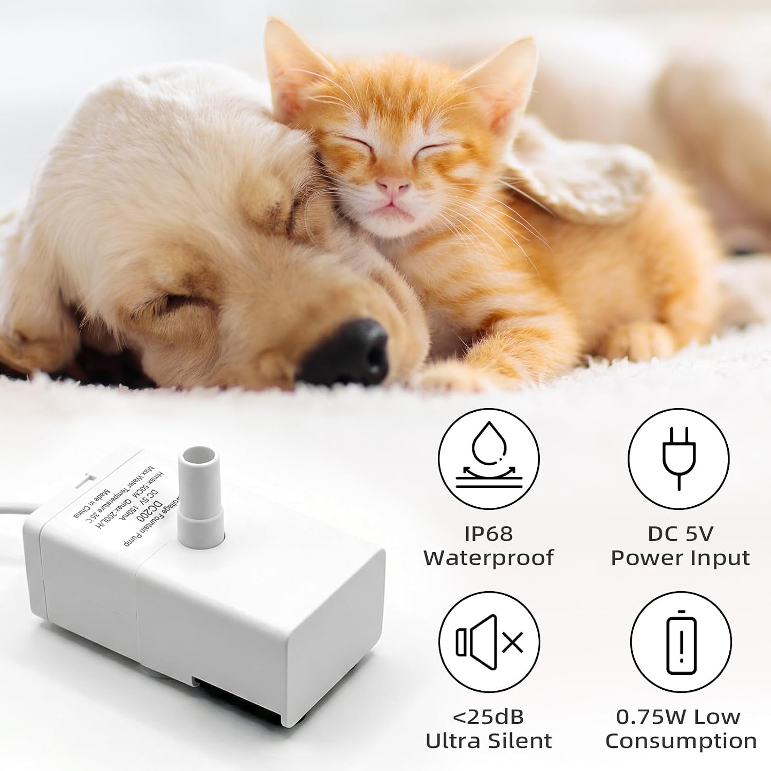 Cat Water Fountain Replacement Pump, Switch-Controlled LED Light | With Filter Sponge, Compatible with 50oz/95oz/108oz Cat Dog Pet Water Fountains, Quiet Motor, USB-Powered, Easy Maintenance
