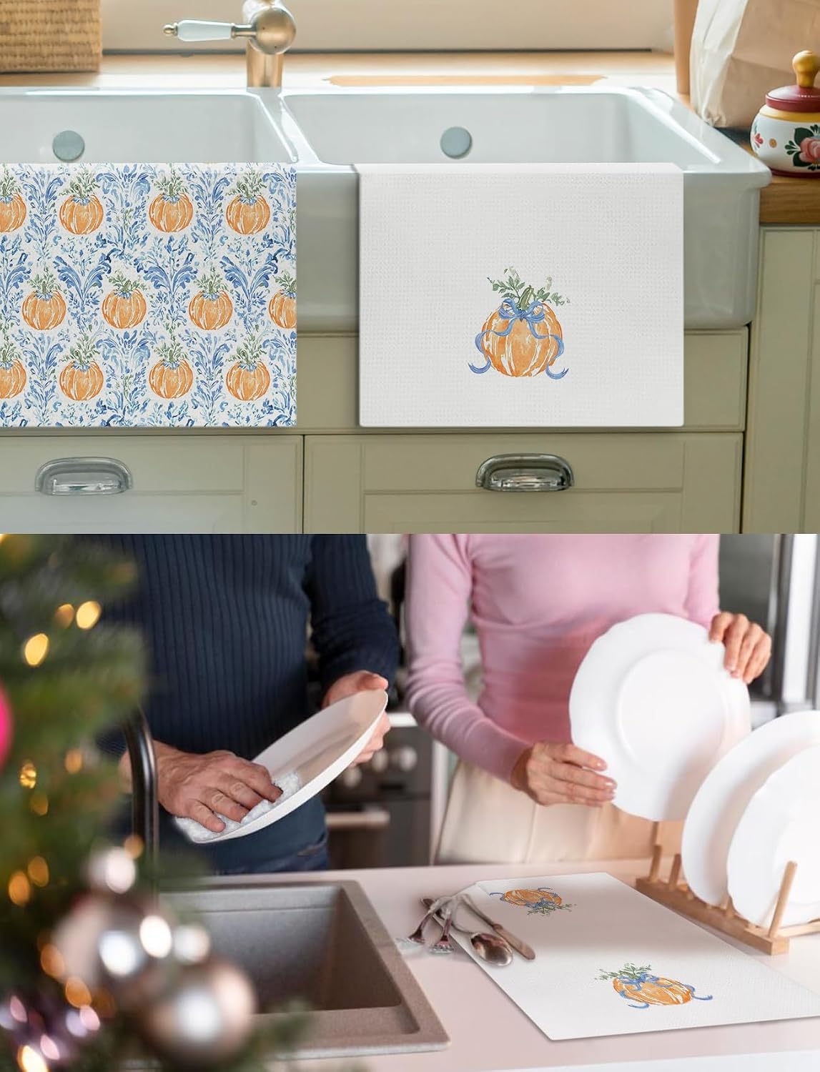 Grandmillennial Fall Orange Pumpkin Kitchen Towels, Preppy Fall Pumpkin Hand Towels for Bathroom, Cottagecore Blue Floral Autumn Farmhouse Dish Tea Towel for Kitchen Decor, 16x24 Inch Set of 2