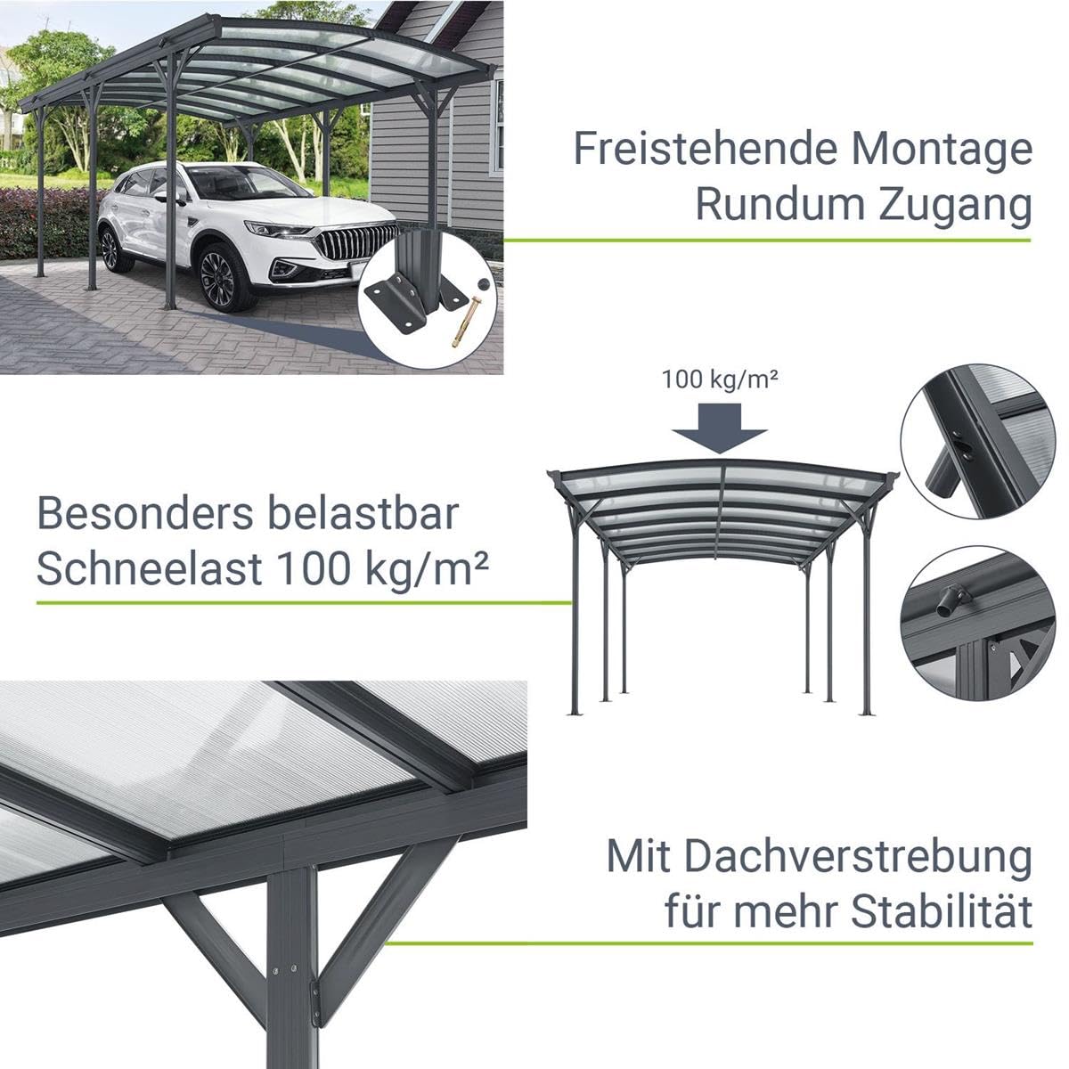 Aluminium Carport München Überdachung 5 x 3 m grau anthrazit KFZ PKW Auto Boot Hänger Fahrrad mit Aluminiumrahmen (Bogendach)