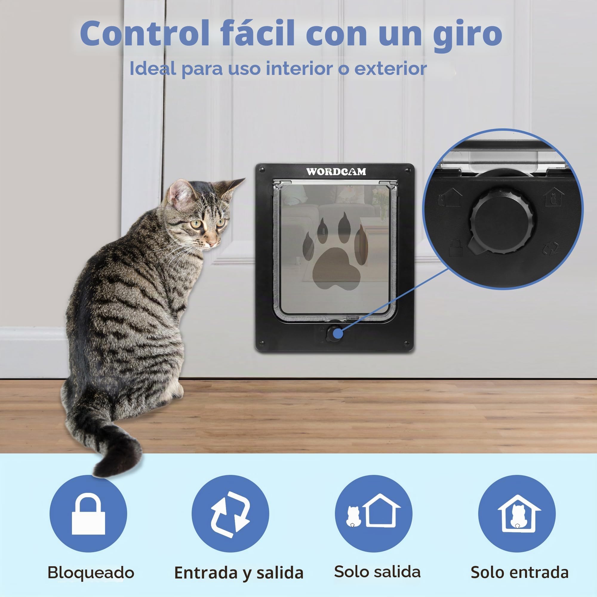Puerta XL para gatos Wordcam, puerta fuerte para puertas interiores y exteriores, bloqueo de 4 vías, puerta para mascotas hasta 25 libras, gatos, gatitos, perros, fácil instalación, resistente a la