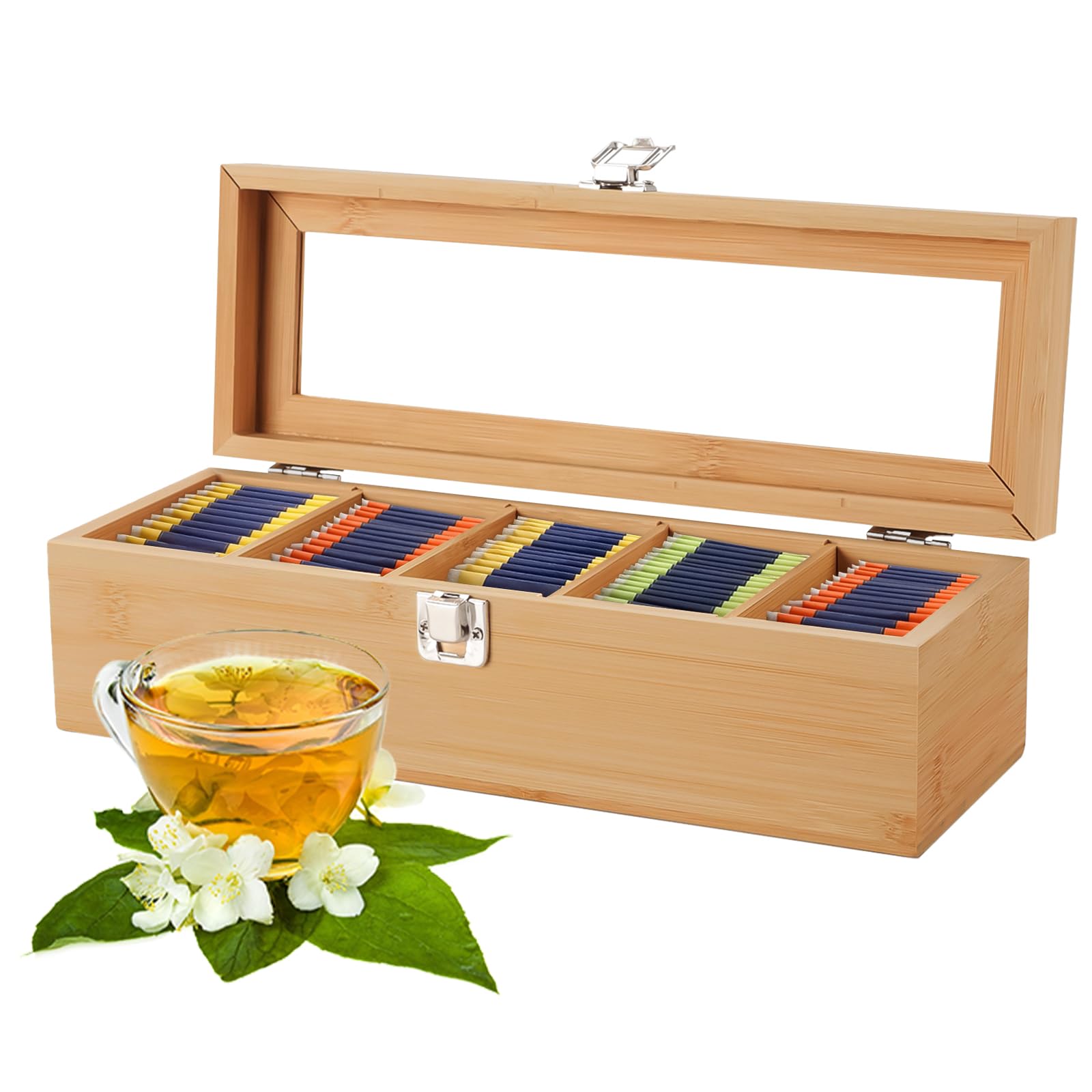 Boîte à thé en bois avec fenêtre - 5 compartiments - 30 x 10 x 9 cm - Pour sachets de thé et infusions - Idéal pour le thé, le café et les épices - Solution de rangement élégante et fonctionnelle pour