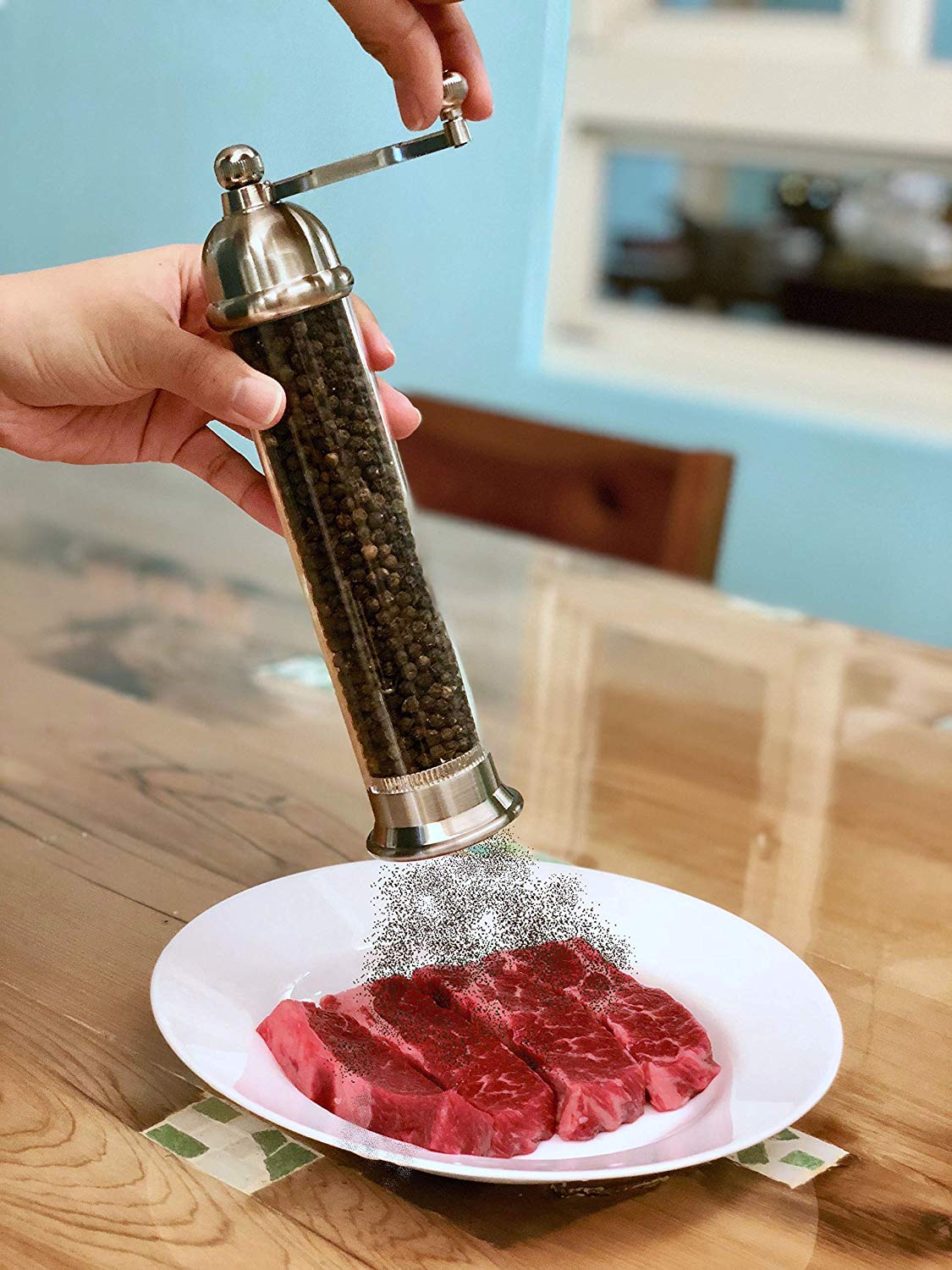 A-ONE Pepper Salt Grinder-Pepper Salt Mills Stainless Steel with Acrylic for Home Kitchen Restaurant