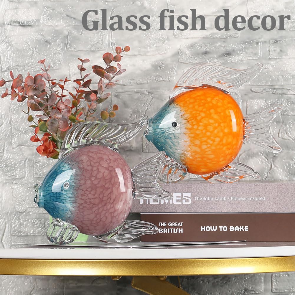 QIANLING Estatuas y escultura de peces de vidrio soplado a mano (A) (pez azul y naranja)