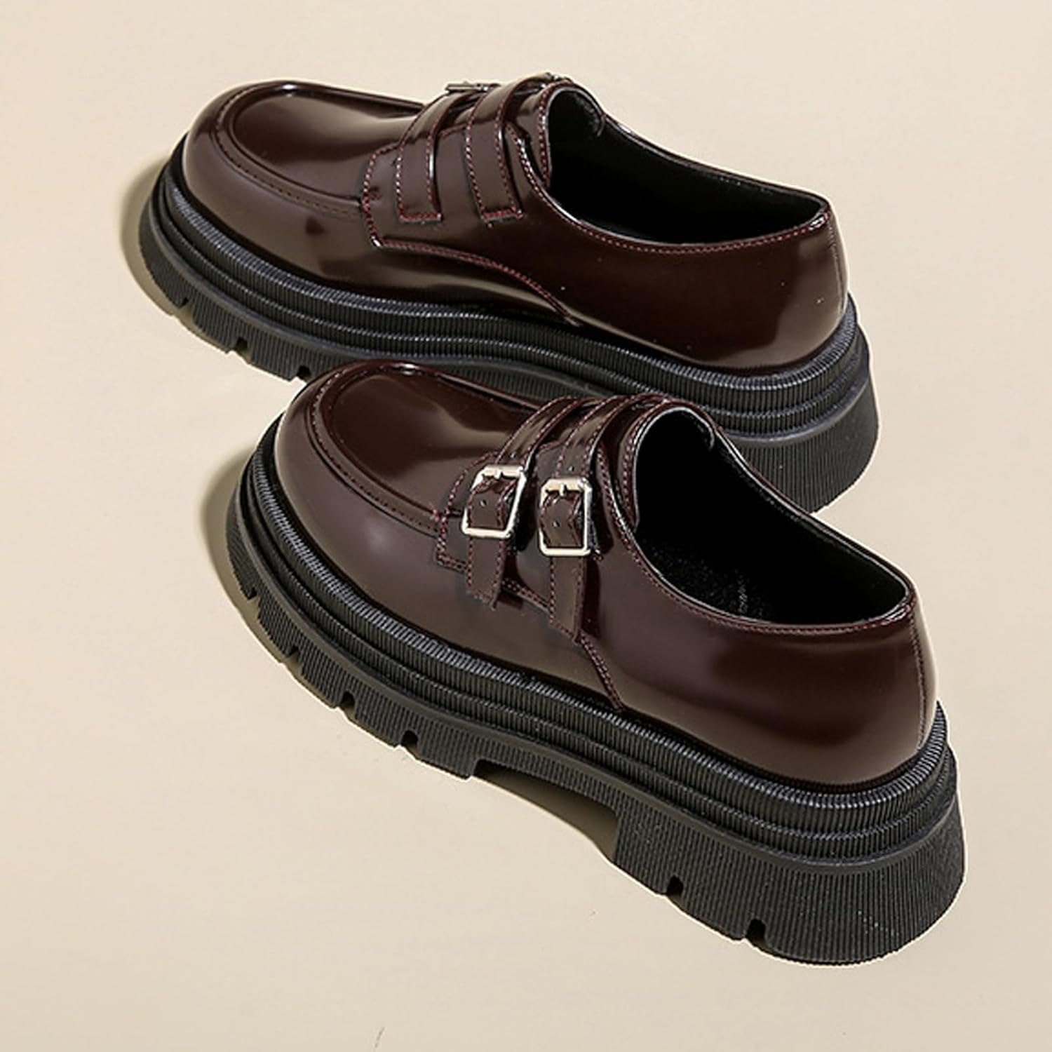 Women's Adjustable Double Buckle Platform Loafers,Classic Chunky Heel Lug Sole Loafers Comfort Round Toe Slip-on Business Work Penny Shoes for Women - Image 4