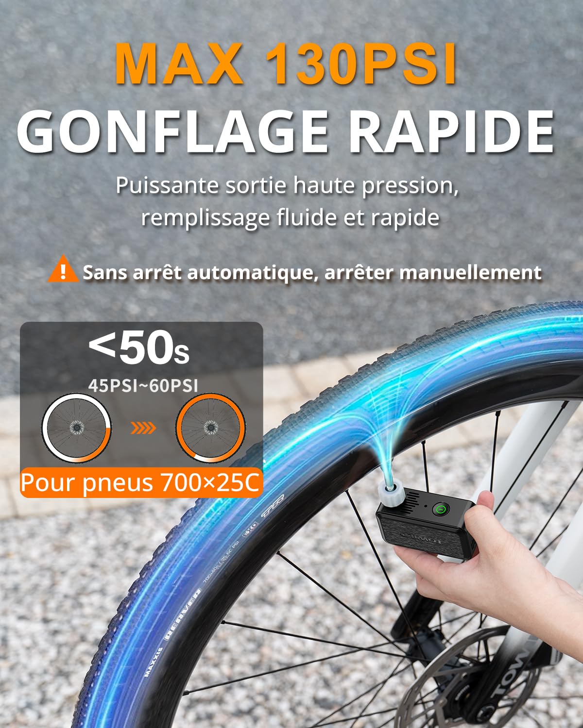 TOWILD A05 Pompe À Vélo Électrique avec Lumière LED, Max 130 PSI Mini Compresseur d'air avec Valves Presta et Schrader Pompe Portable avec Batterie Intégrée 2×400 mAh, Rechargeable USB-C