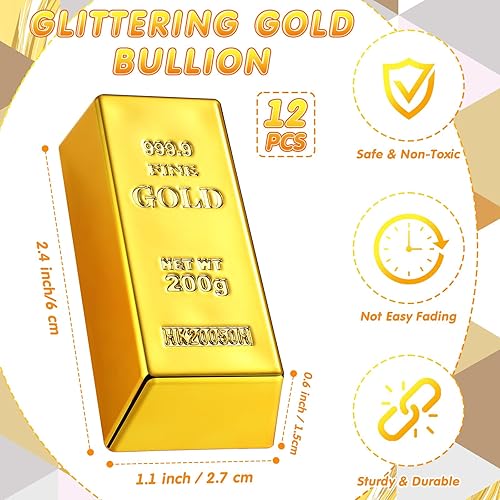 Miniatura 2 de HyDren 12 barras de oro falsas, réplicas de lingotes de oro brillantes, accesorios de película de ladrillo brillante, decoración de escenario,
