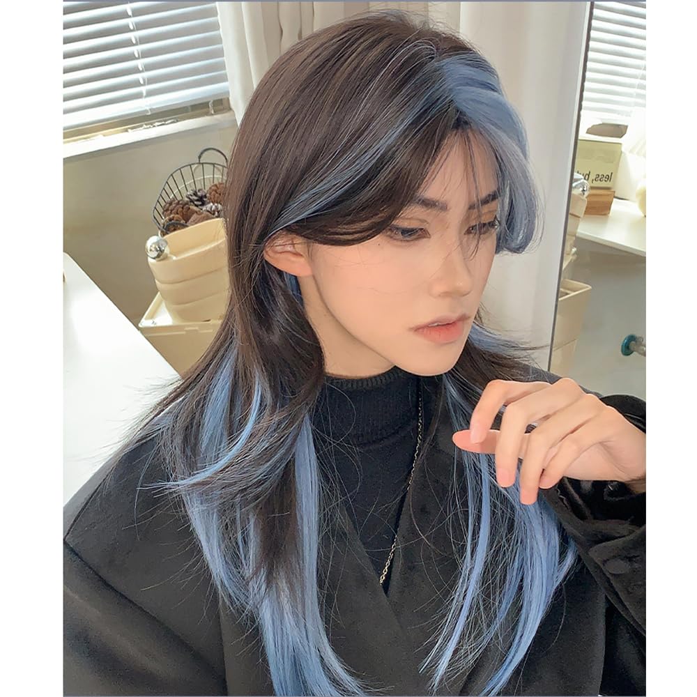 Black Blue Gradient Wig Wolf Cut Wig Long Straight Hair with Bang Fiber Hair for Women 23in (Black Blue Gradient)