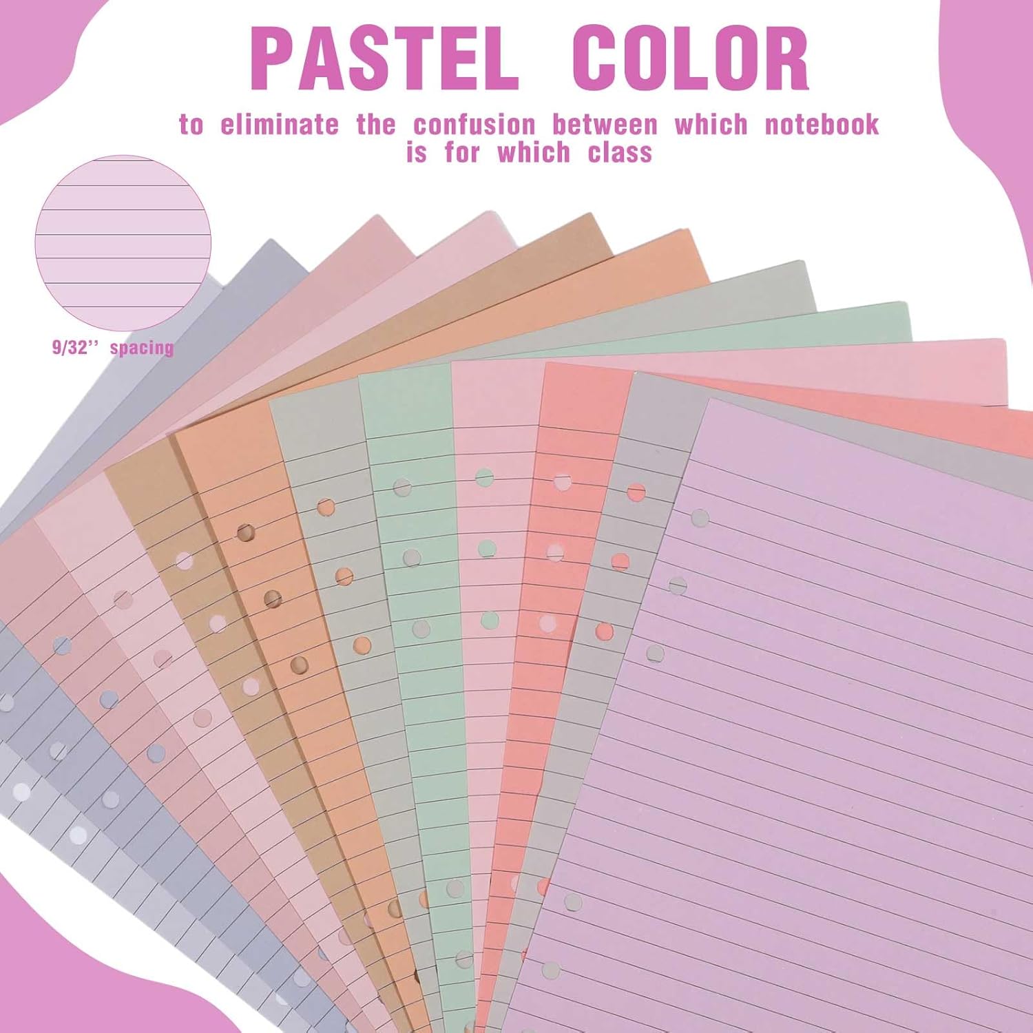 PerKoop 12 Pack Lined Refill Paper A5 Colored 6 Ring Binder Planner Inserts 6 Hole Notebook Refills Paper 8.2 x 5.8 Inch Loose Leaf (Mixed Colors)