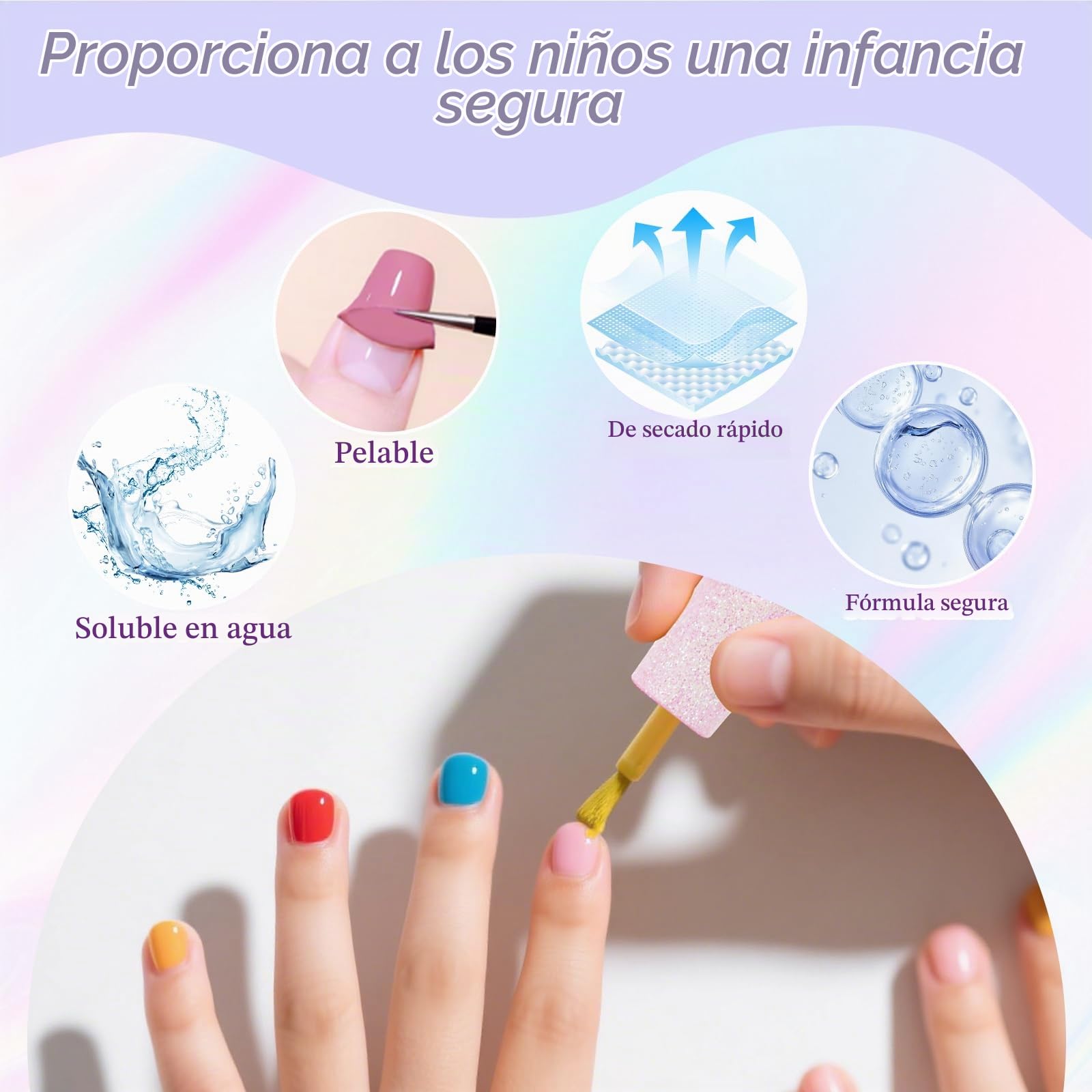 Juego de Esmalte de Uñas Pelables para Niñas – 5 x 5ml Colores con Purpurina, Secado Rápido, a Base de Agua + 2 Hojas de Pegatinas – Kit de Regalo Infantil