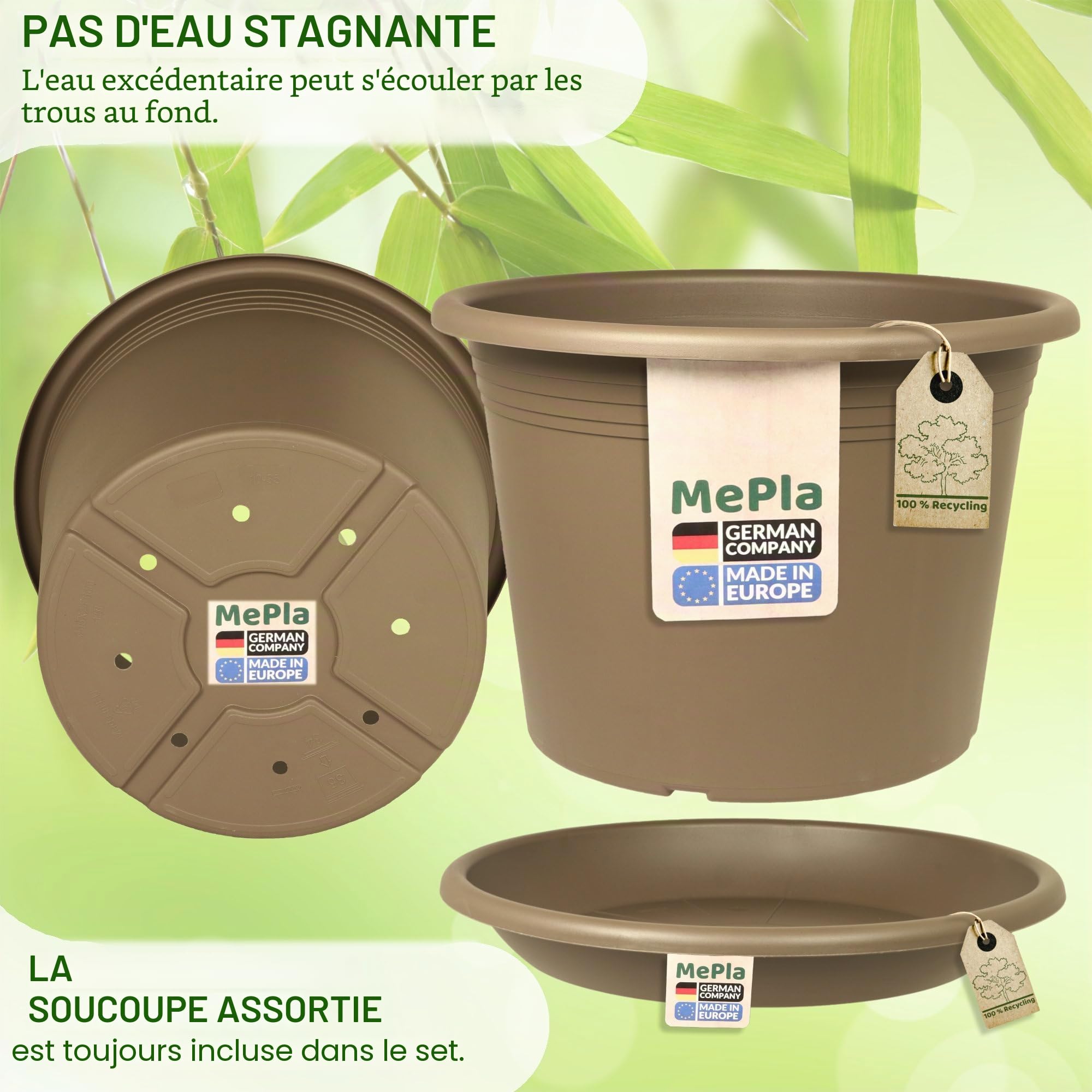 MePla - Pot de fleurs bac à plantes Cylindro ø60 cm + soucoupe ø58 cm, Taupe, résistant aux intempéries en plastique résistant aux UV