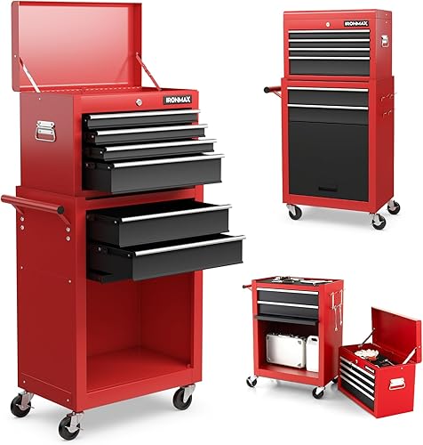 Vista 18 de Goplus Cofre de herramientas, gabinete de herramientas con 5 cajones rodantes con caja de herramientas superior desmontable, ruedas universales