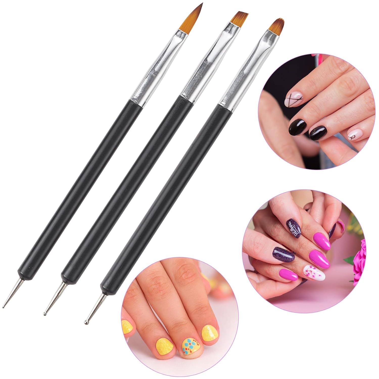 Double-Ended Nail Art Brush Kit, 6 Sizes Nail Art Brushes, Paint Dotting Tools for Polish Liner Drawing Carving Edges Fingernails Toenails- Black