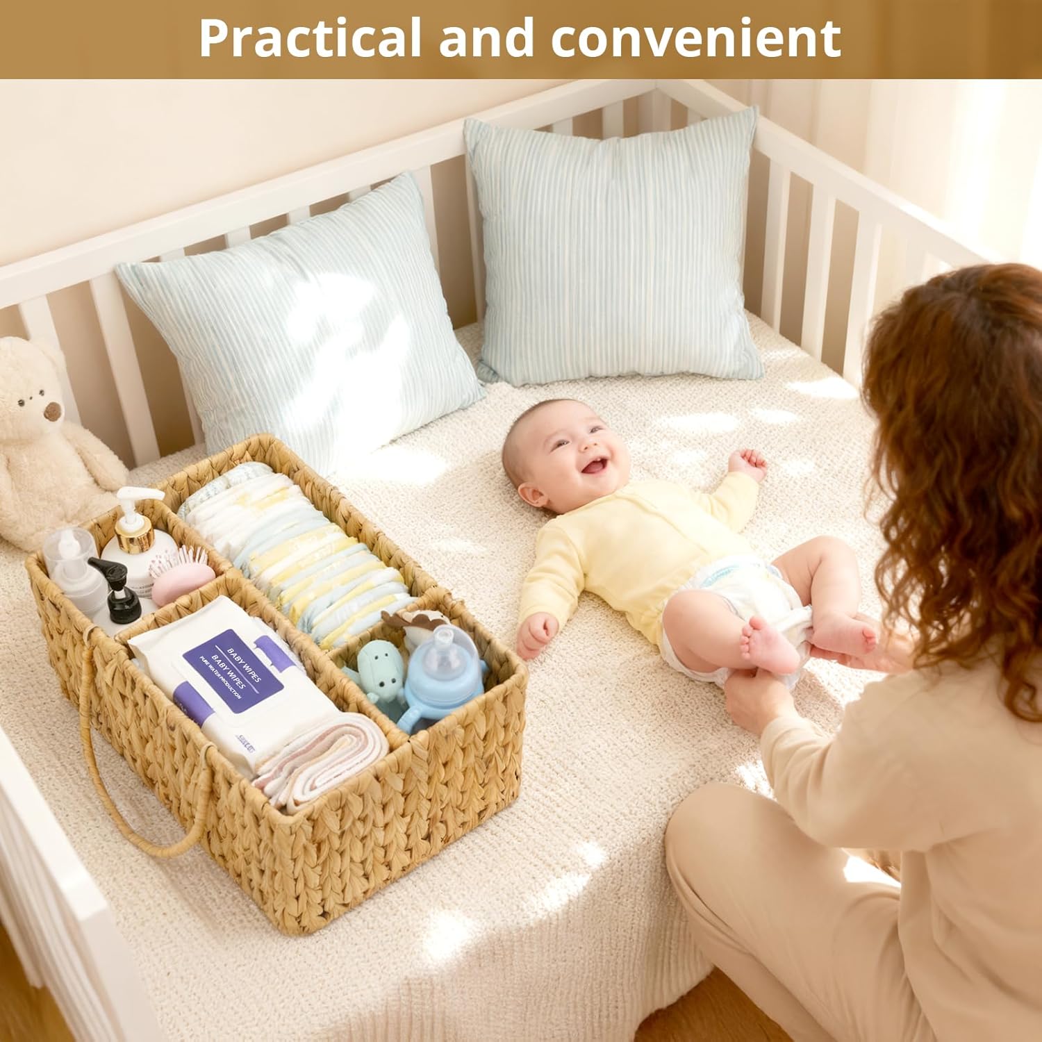 Large Baby Diaper Caddy Organizer, Handwoven Water Hyacinth Storage Basket, Portable Wicker Car Diaper Storage Bin for Nursery and Travel