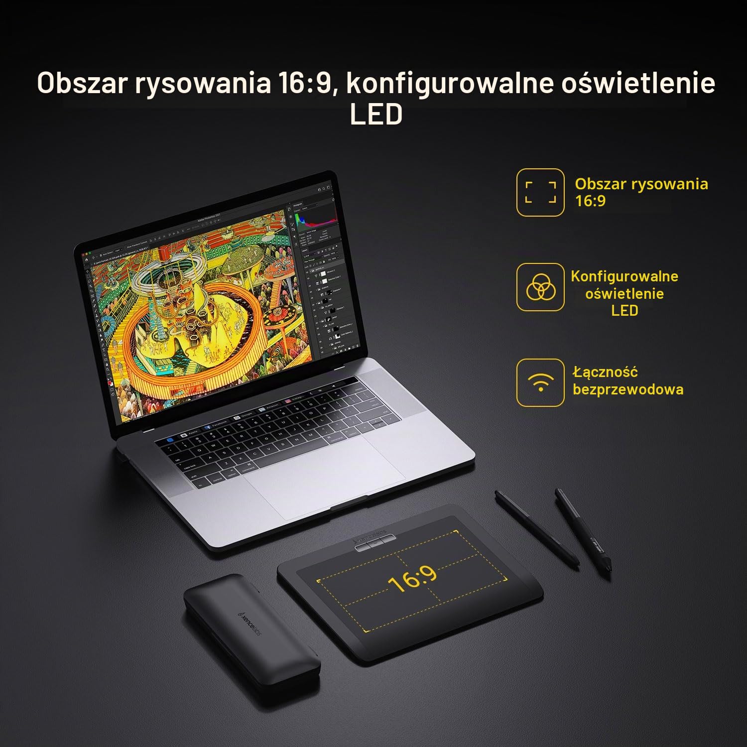 XENCELABS tablet graficzny, bezprzewodowy tablet do rysowania z 2 cyfrowymi piórami bez baterii, rysik z obsługą pochylenia i 8192 poziomami czułości nacisku pióra, 12-calowy przenośny pad do rysowania dla Win / Mac / Linux, czarny