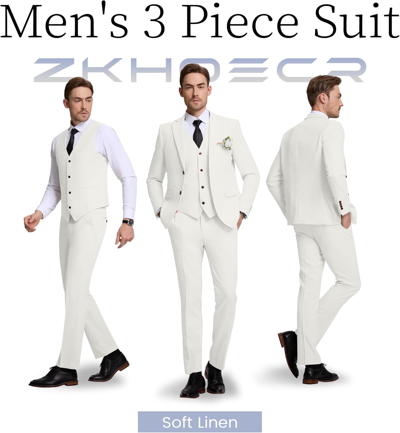 Men's Suit 3 Piece Linen Suits Slim Fit Suit Blazer Vest Pants Set Wedding Prom Tuxedos Business Casual Suit - Image 3