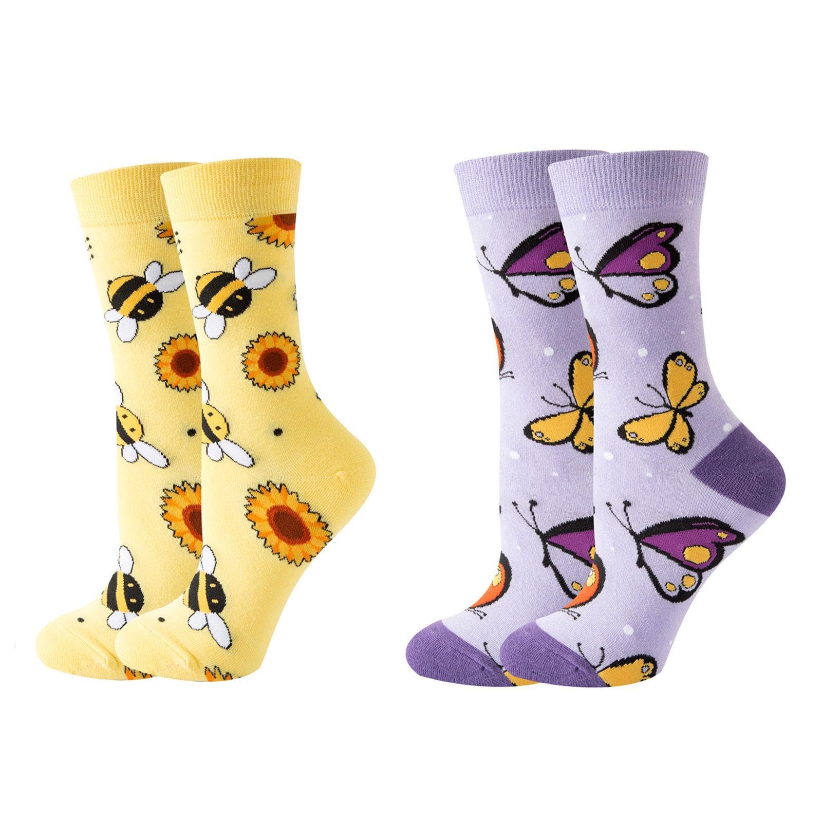 Wufgwbd Unisex Mixed Colors 2 Pairs Of Bee And Butterfly Socks, Cartoon Animal Socks, Soft Cotton Socks, Interesting Socks For Women, Warm Socks For Girls