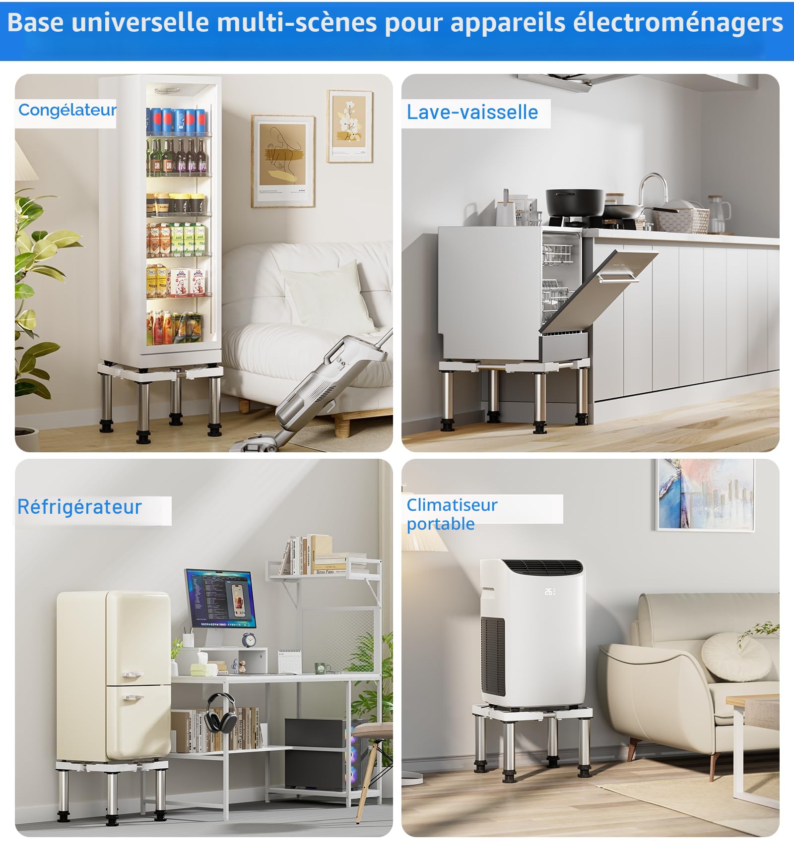 DEWEL Fridge base, height adjustable from 28 to 31 cm, suitable for dishwashers, freezers, cabinets and stationary appliances, black (adjustment range of length: 45 to 67 cm).