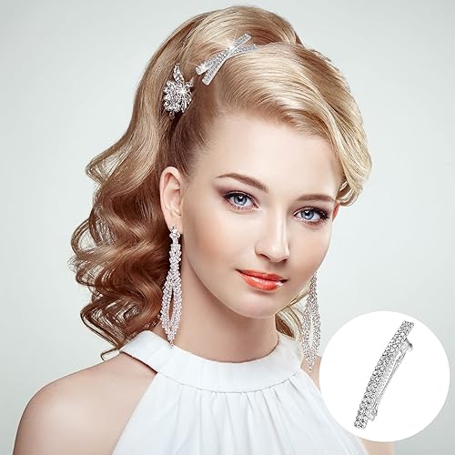 Miniatura 5 de 8 pasadores de pelo con diamantes de imitación de dos filas de diamantes de imitación de plata con diamantes de imitación de metal para primavera,