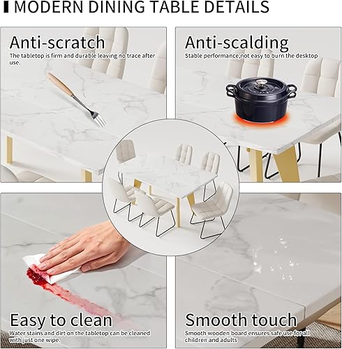 Miniatura 3 de Moderno juego de mesa de comedor de 63 pulgadas con 6 sillas acolchadas de cuero, parte superior de madera estilo mármol blanco, patas amarillas con