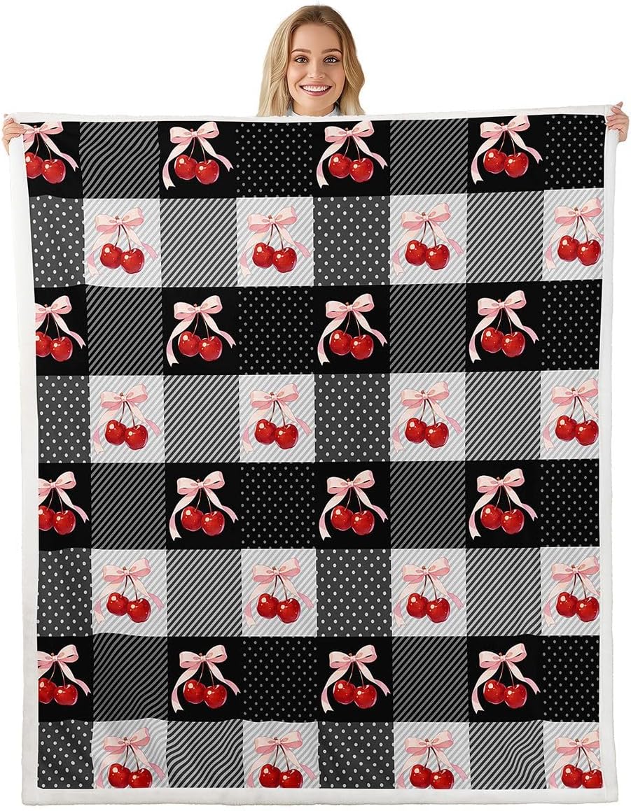 Cute Bowknot Cherry Fleece Throw Blanket Baby 30"x40" Kids Coquette Bow Sherpa Blanket Plush Fuzzy for Boys Girls Teens Bow for Bed Couch Chair Living Room Microfiber Buffalo Checkered Room Decor