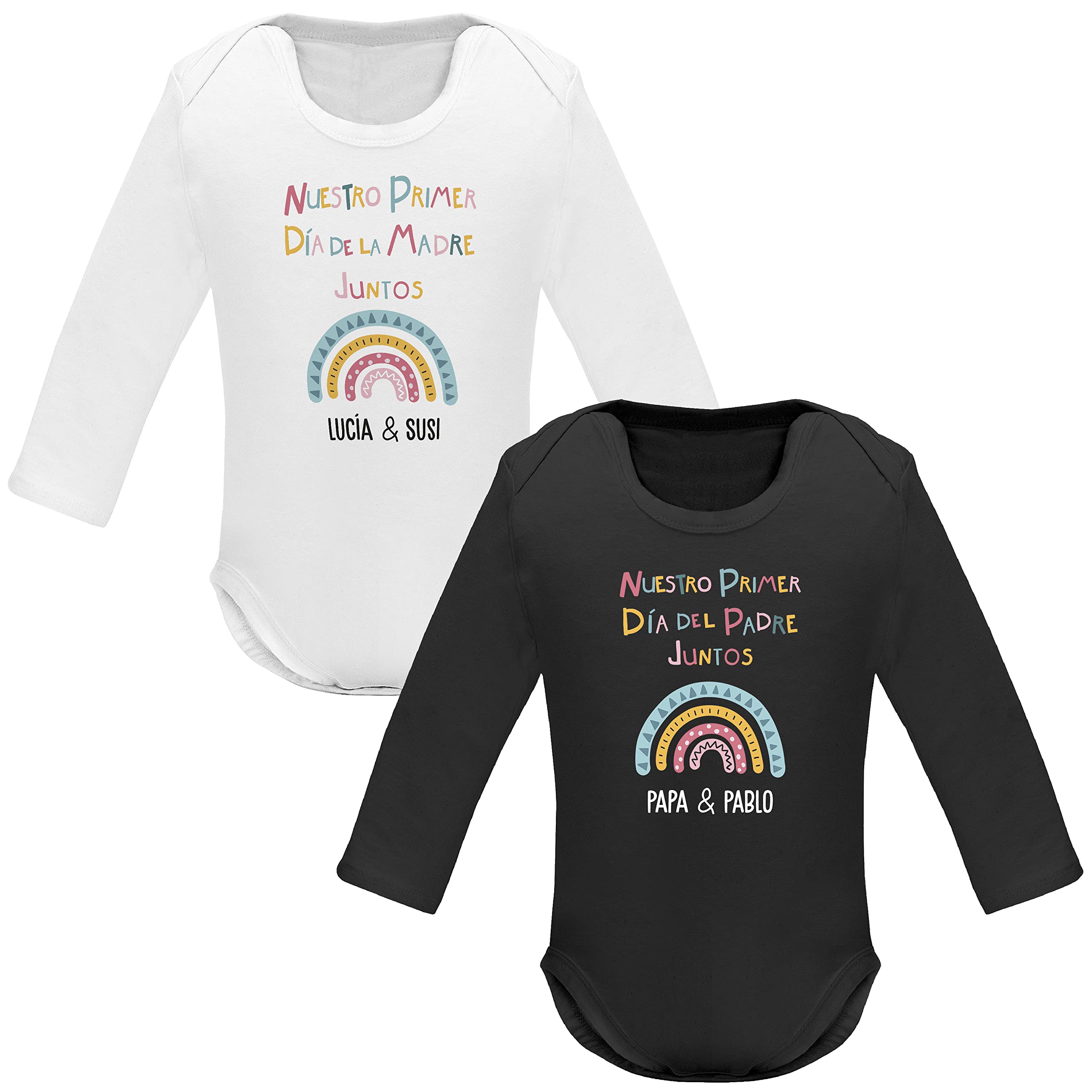 Regalo Día del Padre | Día de la Madre | Camiseta adulto personalizada + Body o camiseta hijo/a | Diseño original divertido | Arcoíris | Papá | Mamá | Infantil | Bebe | Primer día del Padre Juntos