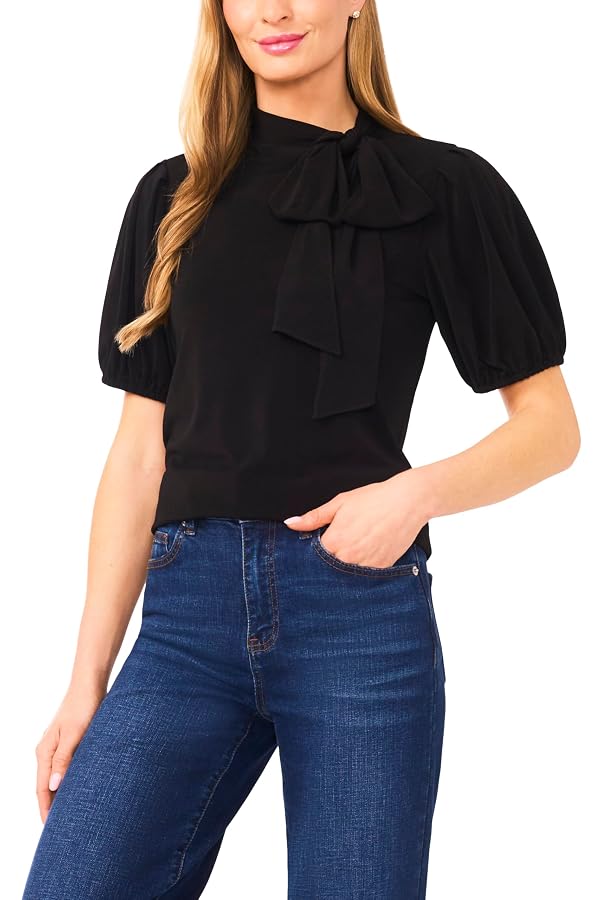 Short Sleeve Tie Neck Bow Knit Top Rich Black by CeCe - Used condition - US$27.94