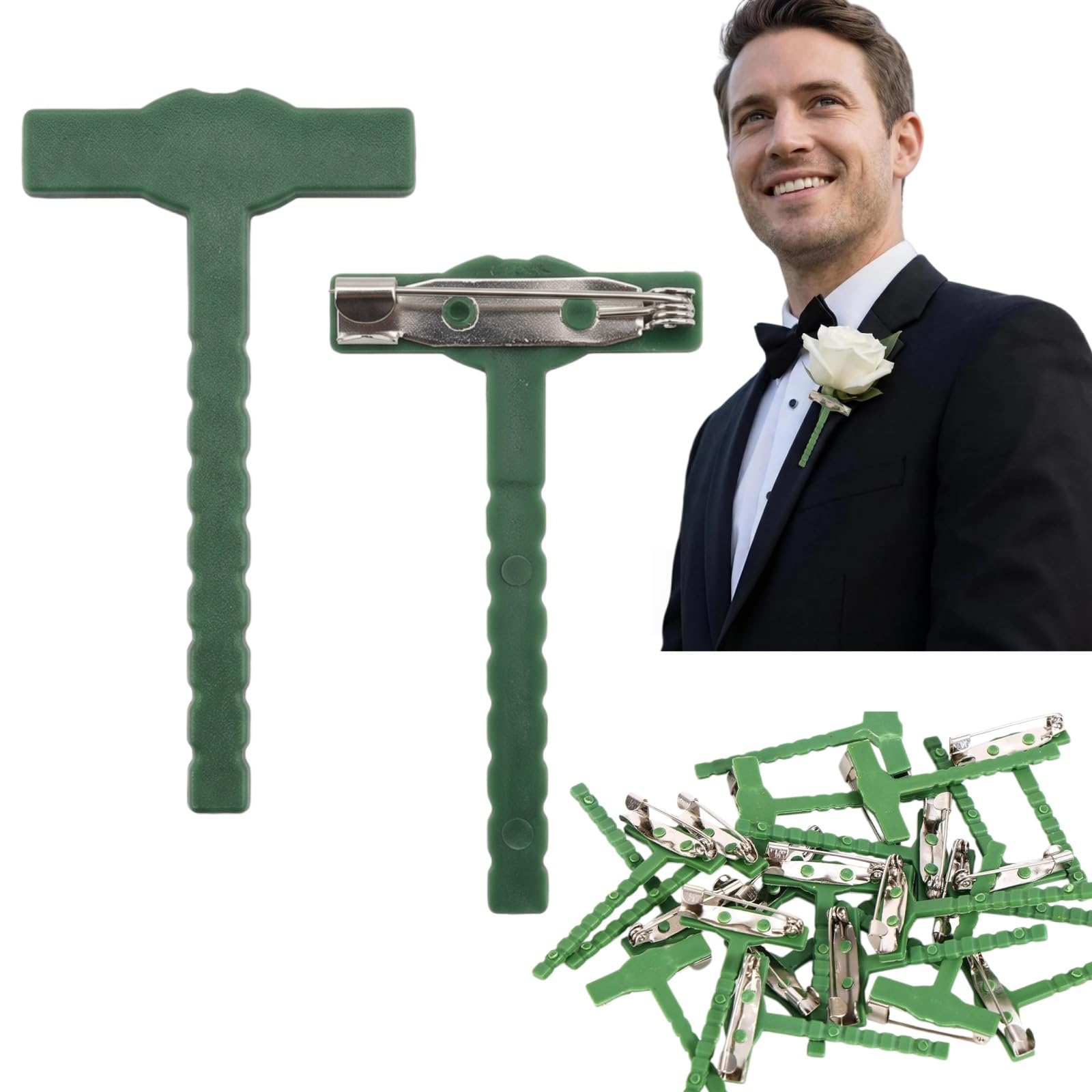 40pcs Green T-Shaped Boutonniere Pins,Plastic Corsage Safety Clips Kit