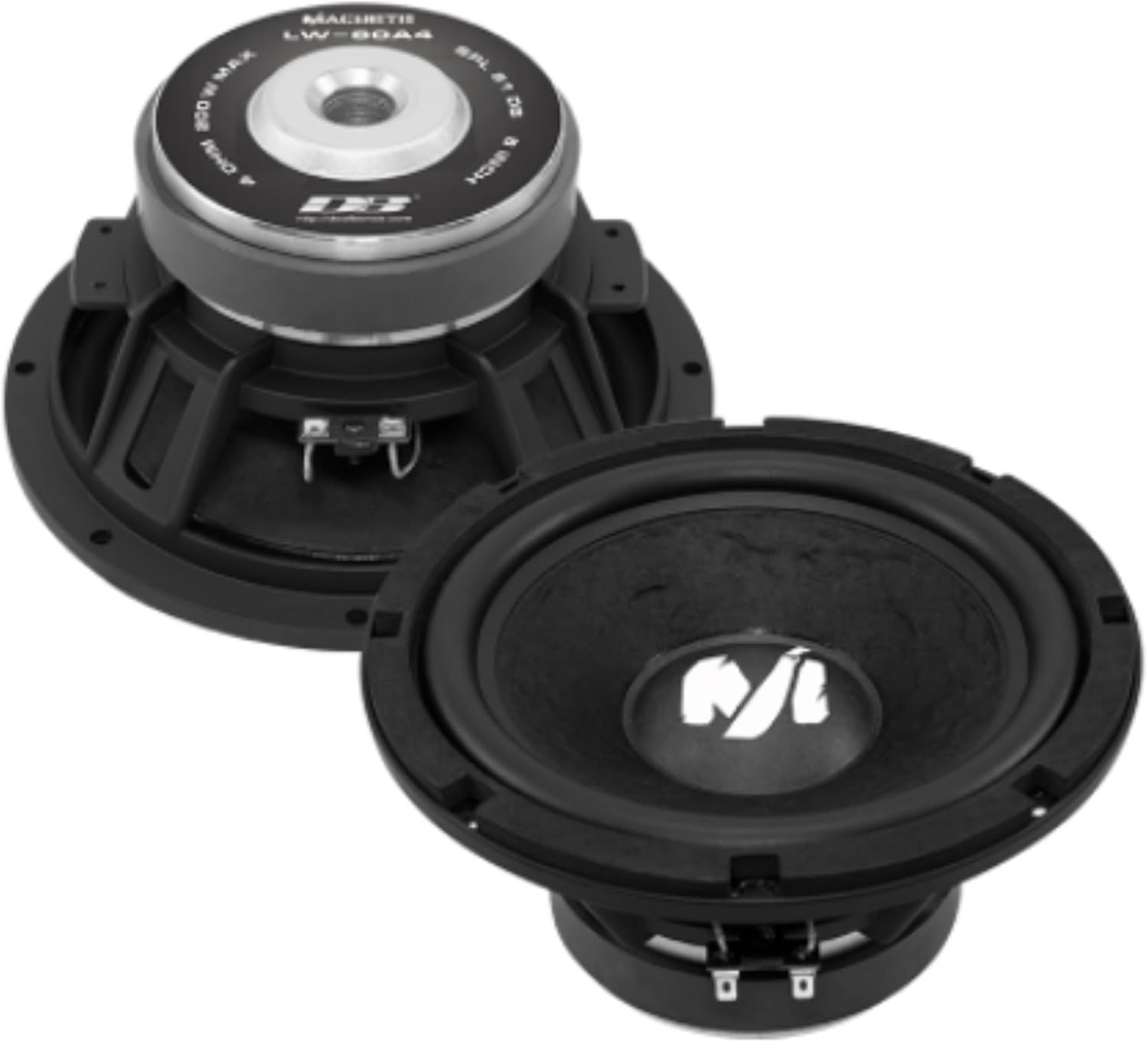 Two Deaf Bonce LW-80A4 mid-bass speakers, one front view, one rear view