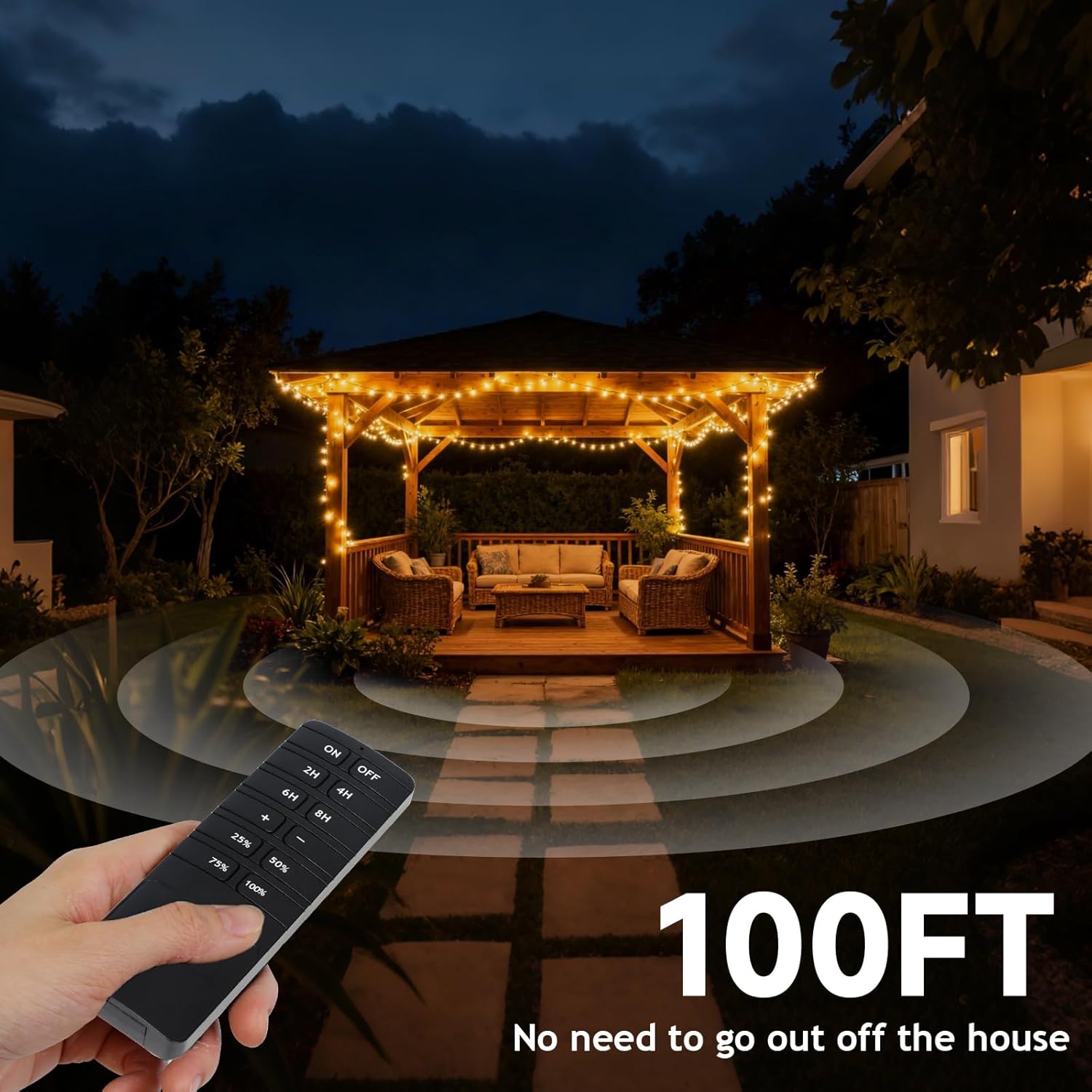 Outdoor Dimmer for String Lights,Plug-in Dimmer Switch 100FT Remote Control & Timer (2H/4H/6H/8H),Waterproof Light Dimmer for Outdoor & Indoor Use,Compatible with Dimmable LED/Tungsten/Patio Lights