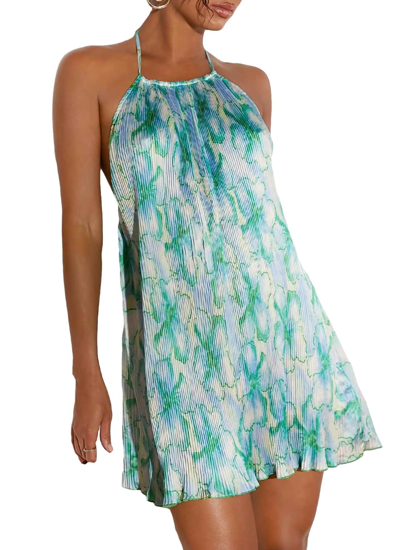SweatyRocks Women's Allover Print Backless Halter Dress Summer Mini Dresses Sleeveless, Sundress, Backless Summer Dress, Ombre Dress,Vacation Outfits, Colorful Mini Dress