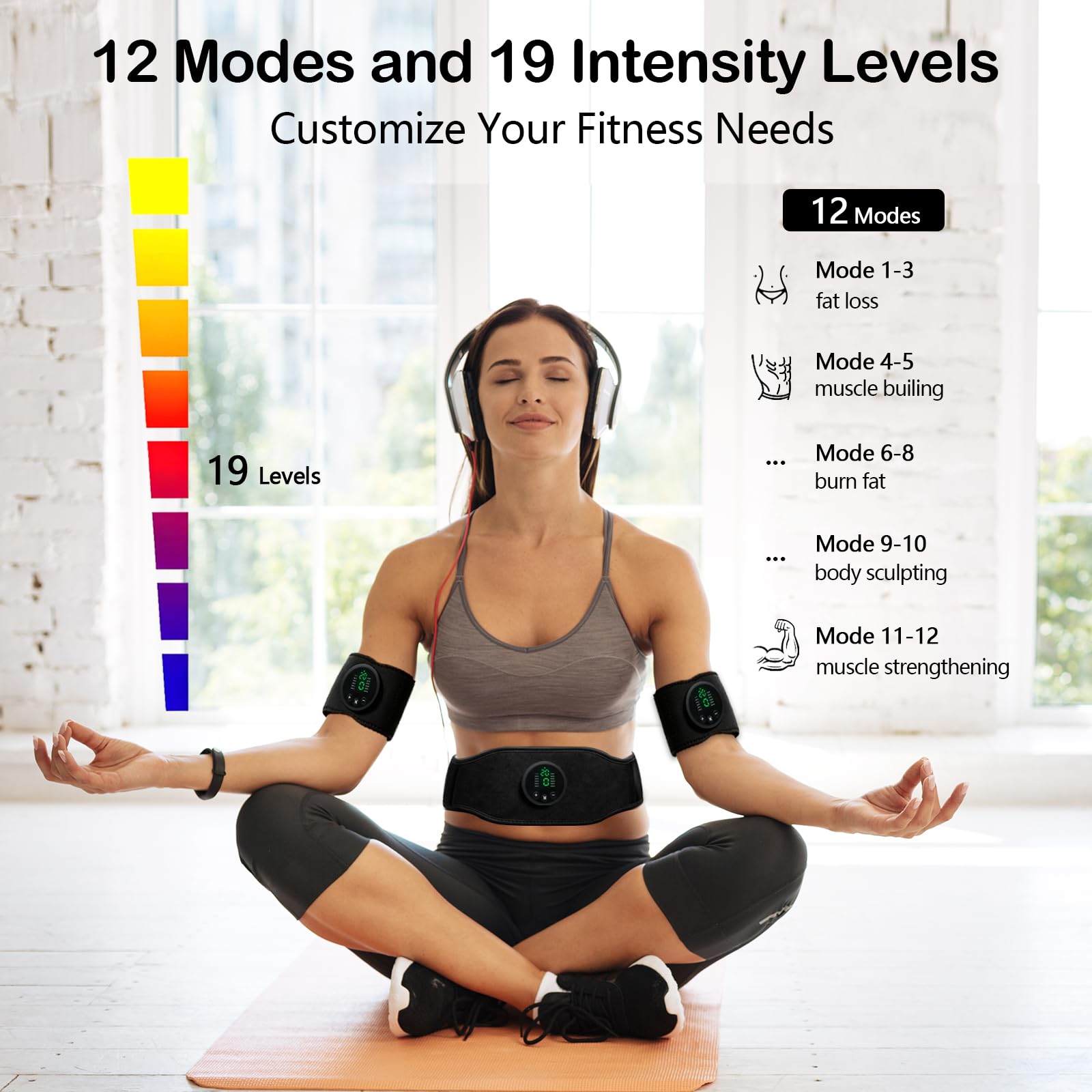 Set di Allenamento EMS Elettrico per Addominali, 3 dispositivi Principali, 2 Pad per Braccia, 1 Cintura, 12 modalità, 19 Livelli di intensità, Unisex, Adatto Anche per Gambe e Schiena