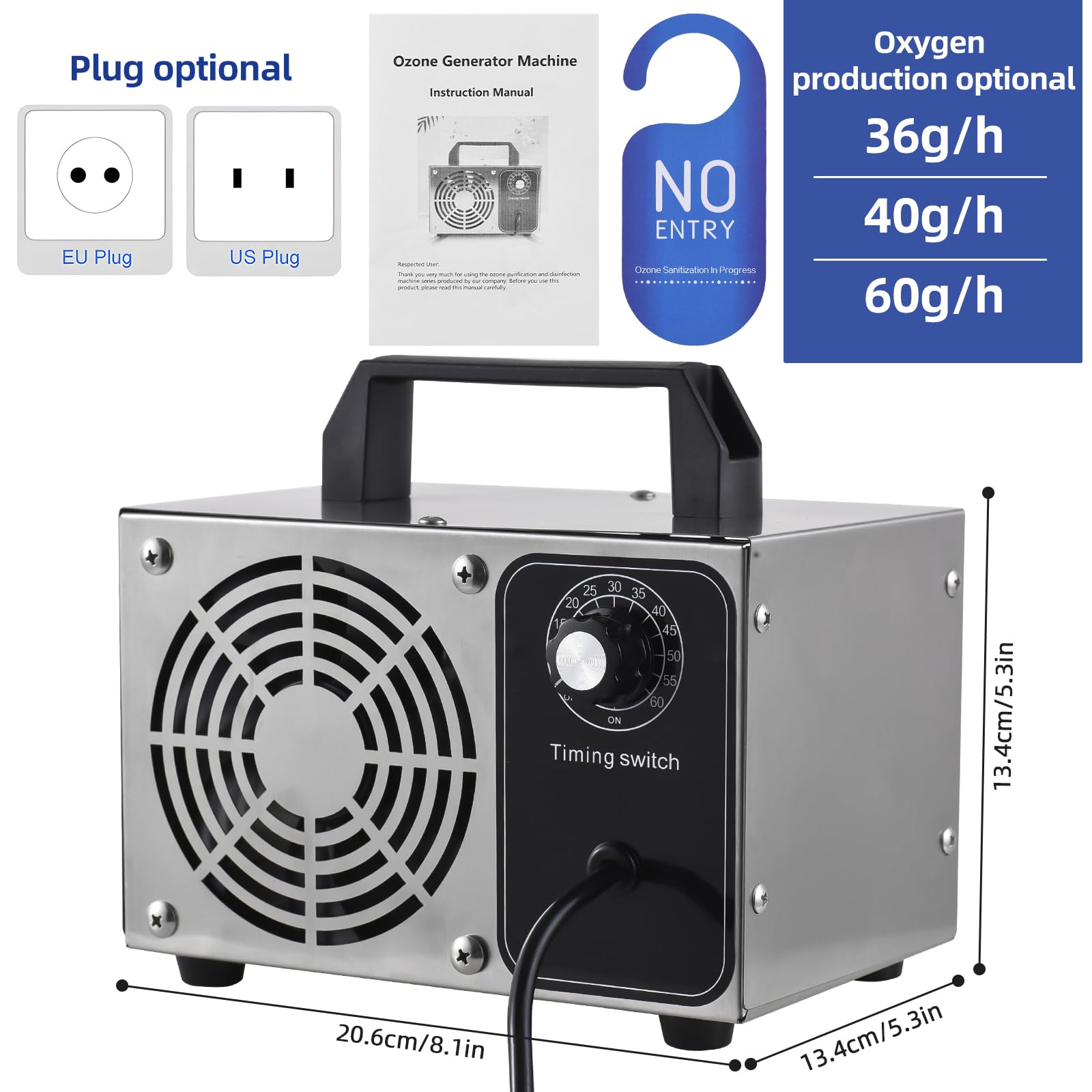 Generatore di ozono Deodorante O3 in acciaio inossidabile Purificatore d'aria Deodorante Macchina per ozono ad alta capacità Ionizzatore d'aria Odore pulito per casa Auto Animali (36 g all'ora)