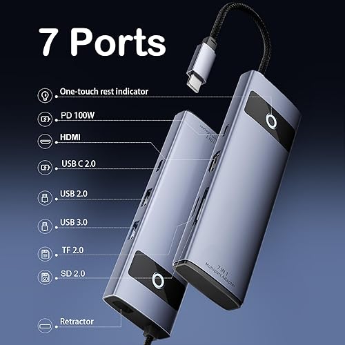 Miniatura 2 de Hub USB C 7 en 1, adaptador HDMI 4K 30Hz, estación de acoplamiento USB-C con PD de 100 W, lector de tarjetas TFMicroSD, puertos USB-A 2.0, 3.0, tipo