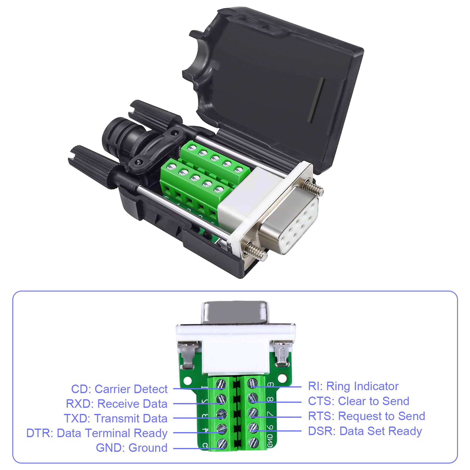 Per connettore DB9 senza saldatura, RS232 DB9 Breakout maschio D SUB accessorio seriale a 9 pin morsetto di collegamento con dado, 4 pezzi