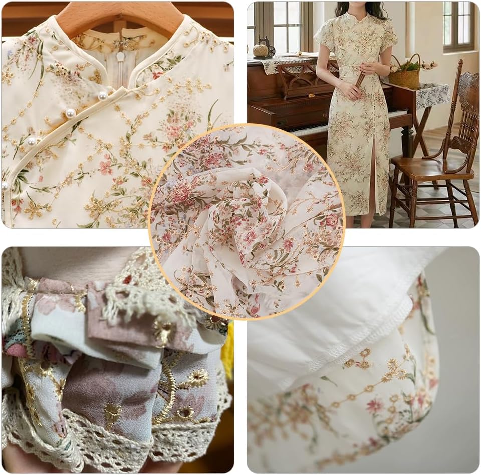 BENECREAT 2 Yards/1.8m Embroidered Eyelets Chiffon Fabric 60inch Rice White Flower Embroidery Fabric Floral Printing Trim for Sewing, DIY Clothing, Home Vintage Decor
