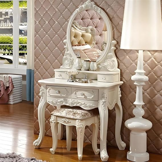 Vanity with Stool Set Mirrored Simple Victorian Style Standard Modern Dressing Table Wood Desk 4 Drawers Make-up Vanity Table for Bedroom Dressing Room -33.5 L x 20 W x 61 H
