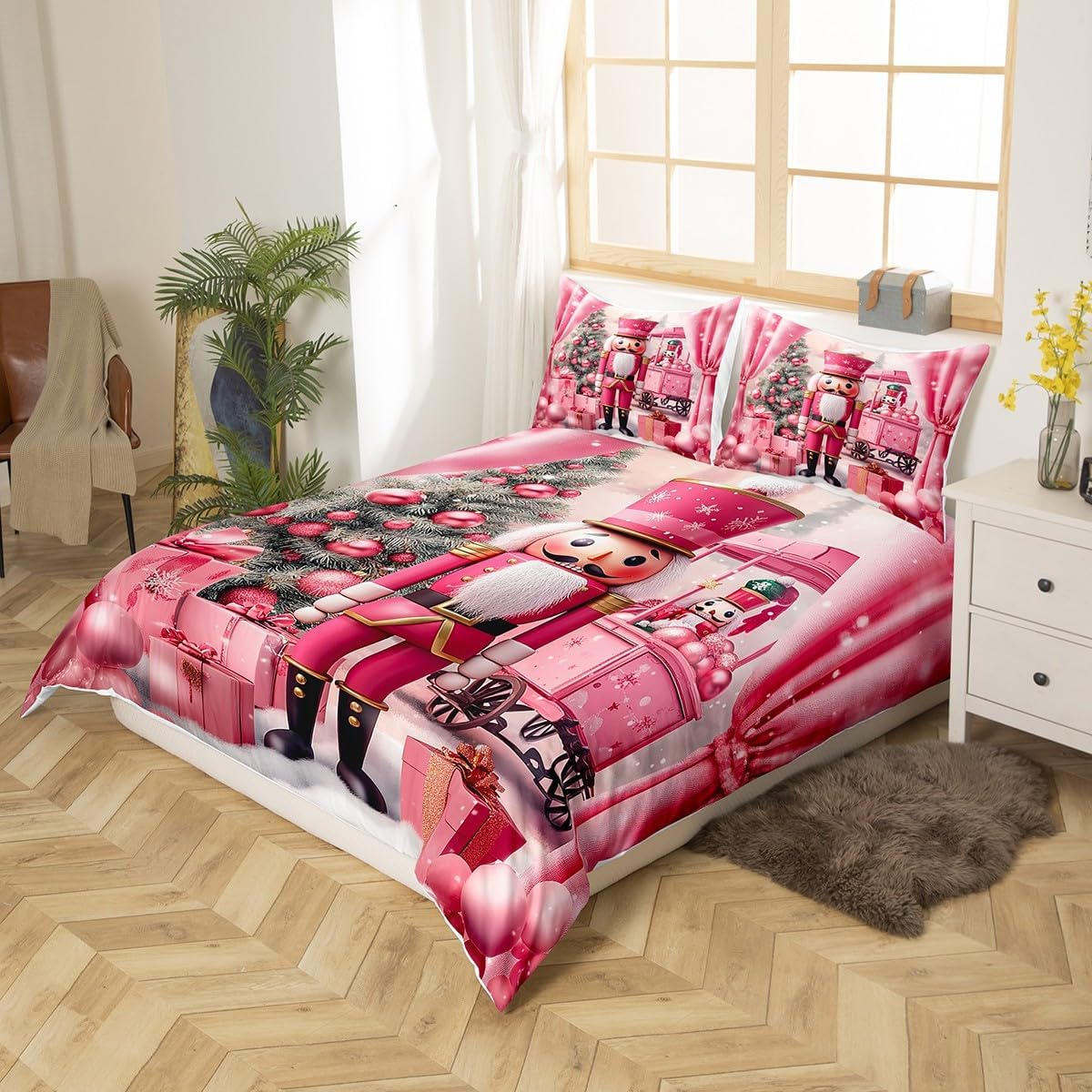 Christmas Nutcracker Duvet Cover Toddler Size Winter Xmas Tree Bedding Set 2pcs Cartoon Soldier Comforter Cover for Kids Bedroom Decor Dreamy Pink Style Quilt Cover,1 Pillowcase(Not Comforter)