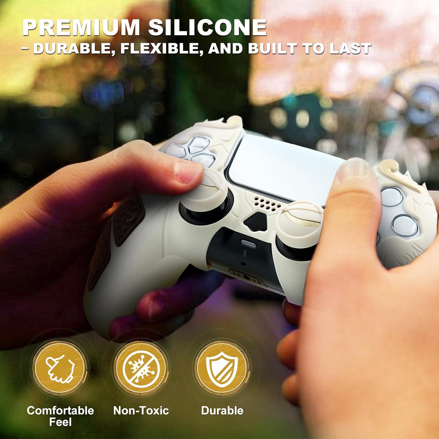 Silicone Grip Cover Compatible with PS5 DualSense Controller, Wukong Themed Anti-Slip Sweat-Resistant Skin, Snug Fit No Need to Remove for Charging with Joystick Caps (Classic Beige)