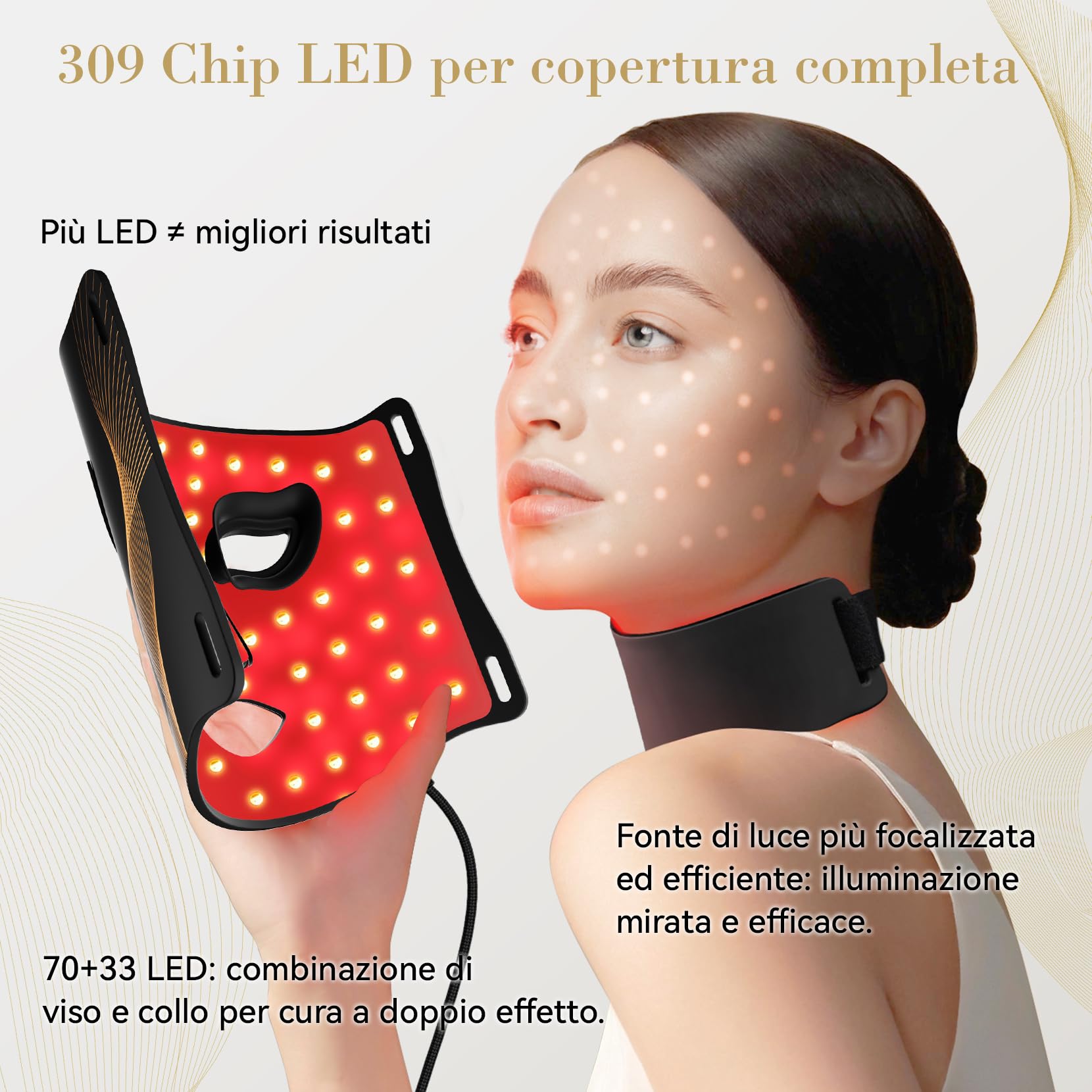 FOLOKE Maschera di Terapia con Luce LED per la Cura della Pelle, Maschera LED per Vista e Collo, Rosso - Lunghezza d’onda per Uso domestico, – Cura della pelle avanzata resa semplice | Design ergonomico e confortevole, ideale per casa, viaggi e uso quotid