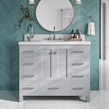 DKB Beckford 42-Inch Grey Bathroom Vanity, 1.5-Inch Pure White Quartz Countertop, Solid Wood Cabinet, Rectangular Undermount Sink, 2 Soft Closing Doors, 9 Drawers, Brushed Nickel