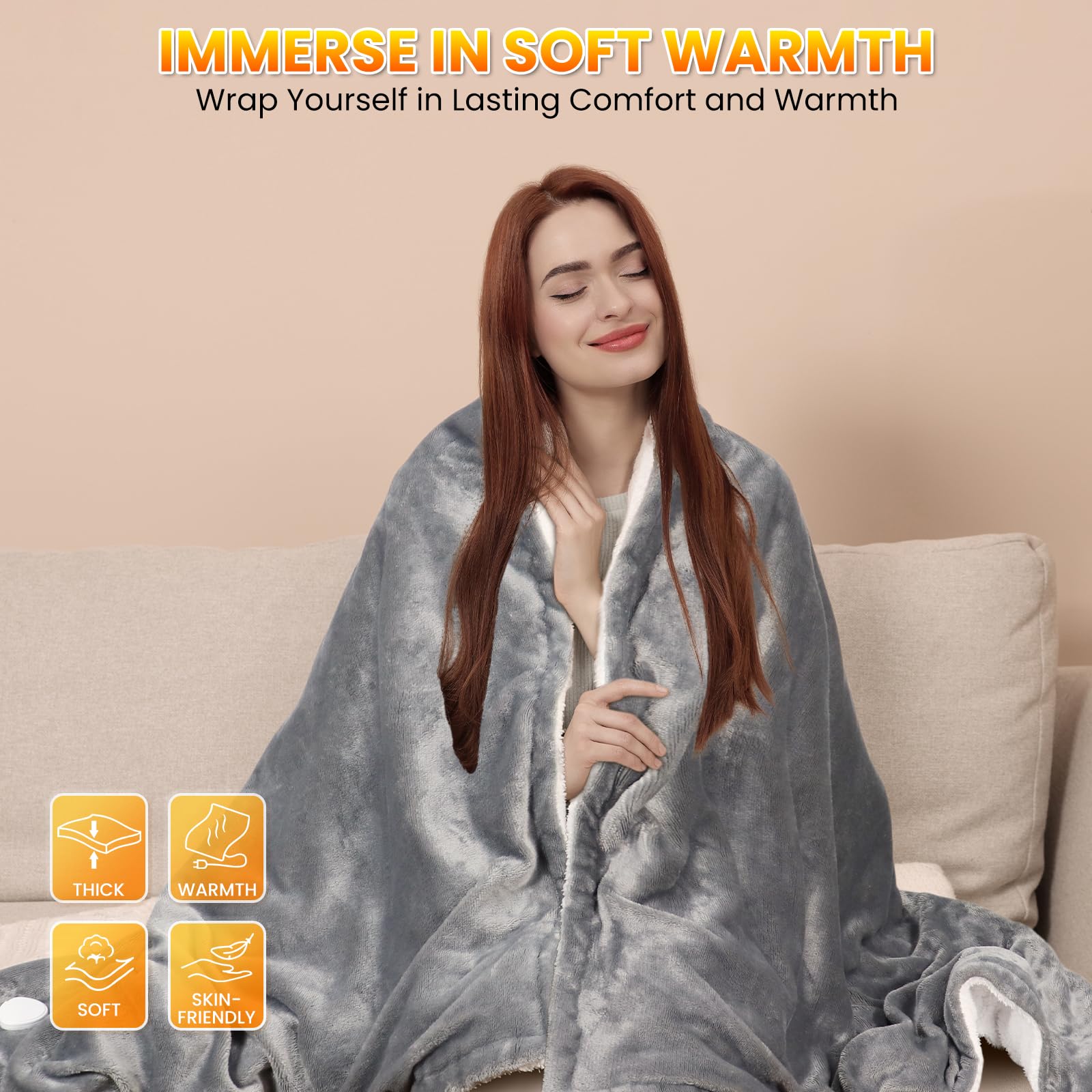 Qfun Doppelseitig Heizdecke mit Abschaltautomatik 180x100cm, Schnelles Aufheizen Wärmedecke Elektrische mit 6 Temperaturstufen, 4 Timer, Waschbar Heated Blanket Kuscheldecke, Überhitzungsschutz