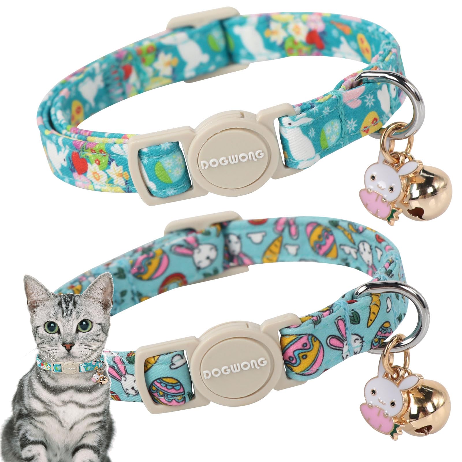 DOGWONG 2 Pack Easter Day Cat Collars, Breakaway with Bell, Adjustable 7-12 Inch, Egg Color, Cotton Material, All Breed Sizes
