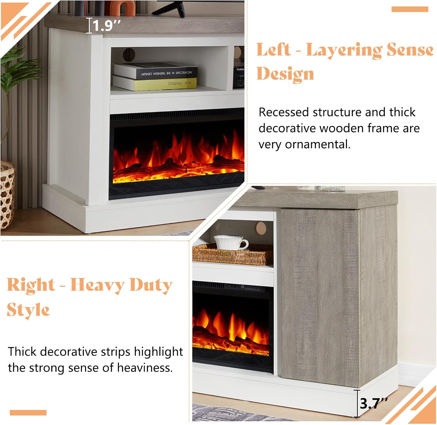 AMERLIFE 75" Fireplace TV Stand with 60" Glass Electric Fireplace, Color Contrast Rustic Media Entertainment Center with Storage for TVs Up to 85" for Living Room, White & Light Gray image 2 of 9 B0CW1PHTN6