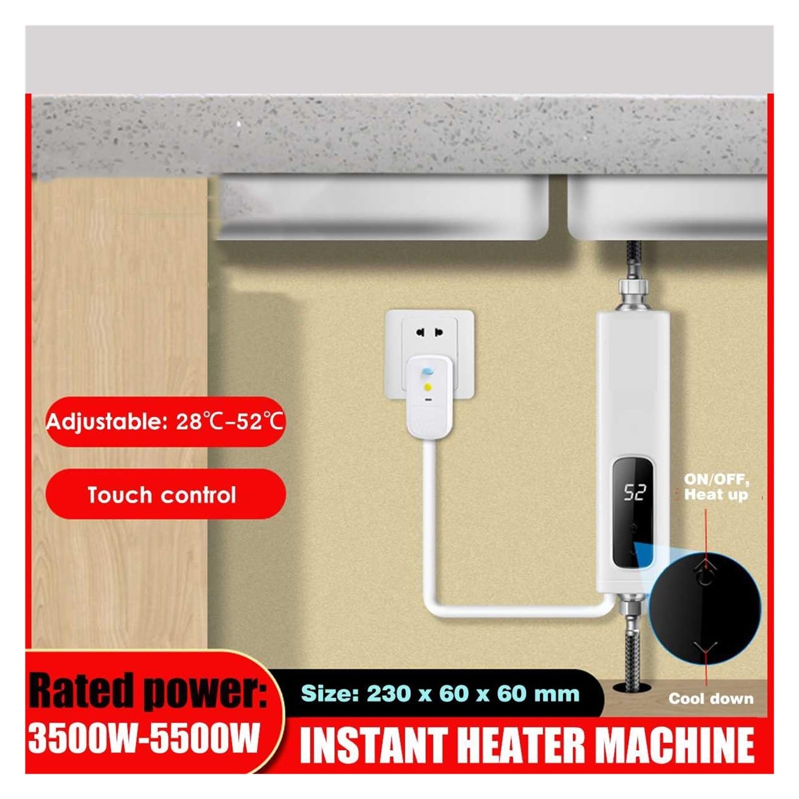 Scaldabagno Elettrico 3500W Mini Scaldabagno Istantaneo Senza Serbatoio Impermeabile Cucina Bagno Doccia Acqua Calda Riscaldamento Rapido