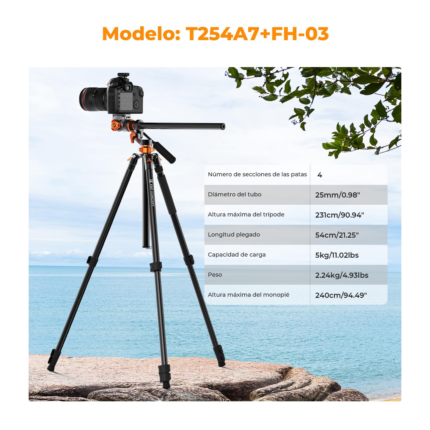 K&F CONCEPT Trípode Cámara 231cm con Cabezal Fluido T254A7+FH-03, Trípode con Columna Central de 90° y Monopie Desmontable para DSLR Videocámaras Cámaras
