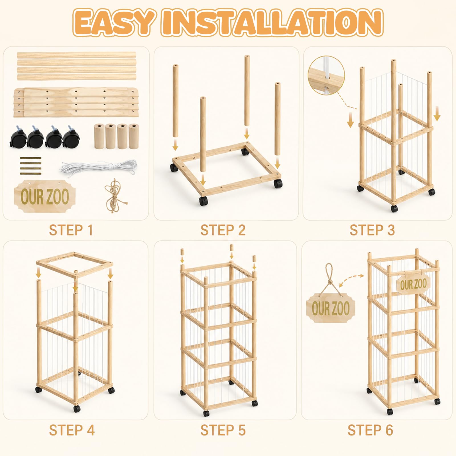 Caja de almacenamiento de animales de peluche de madera, 146 cm, con ruedas, 3 niveles, almacenamiento de peluche, organizador para habitación de los niños, estantería de zoológico de peluche, incluye
