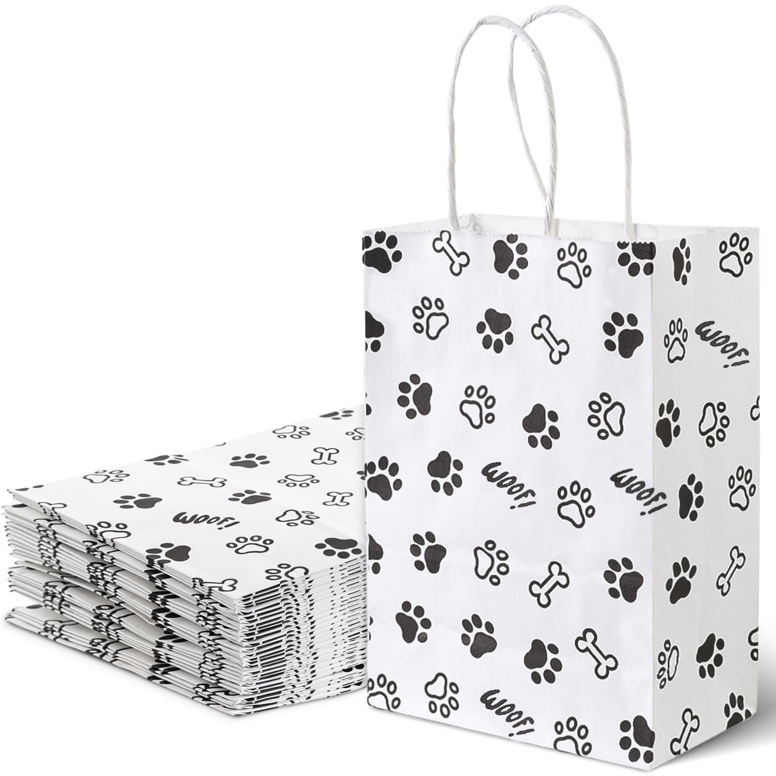 LovesTown 24 Pack Goodie Bags, 5.5 x 2.8 x 7.9 Inch Animal Party Favor Paw Prints Gift Bags with Handles for Dog Pet Themed Party Retail Grocery Bulk