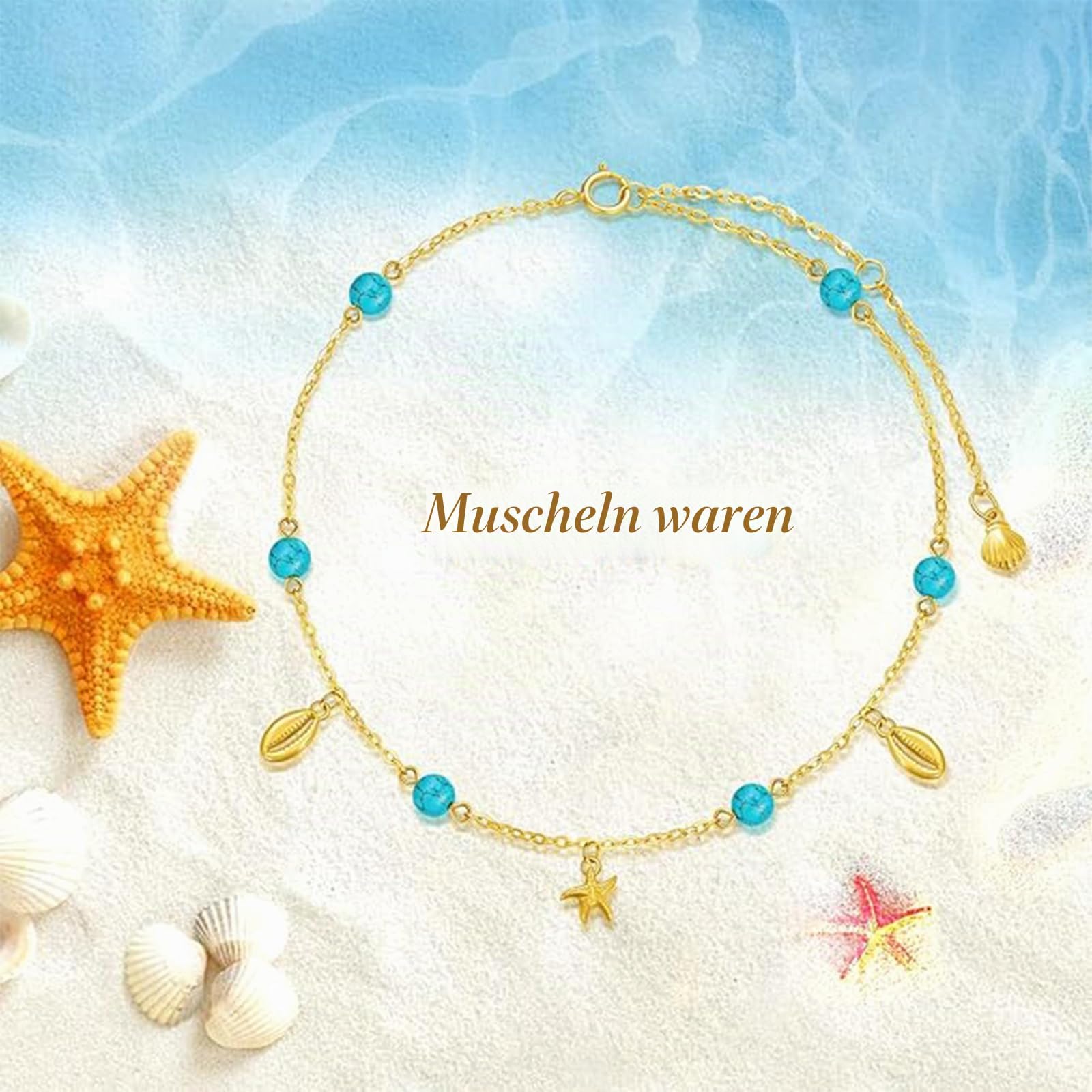 375/9K Echtgold Seestern Muschel Fußkettchen für Damen, Gelbgold Türkis Muschel Quaste Fußkettchen, Ozean Schmuck Geschenk, Jahrestag Geburtstag für Ehefrau Mutter Freundin, 20+5 cm