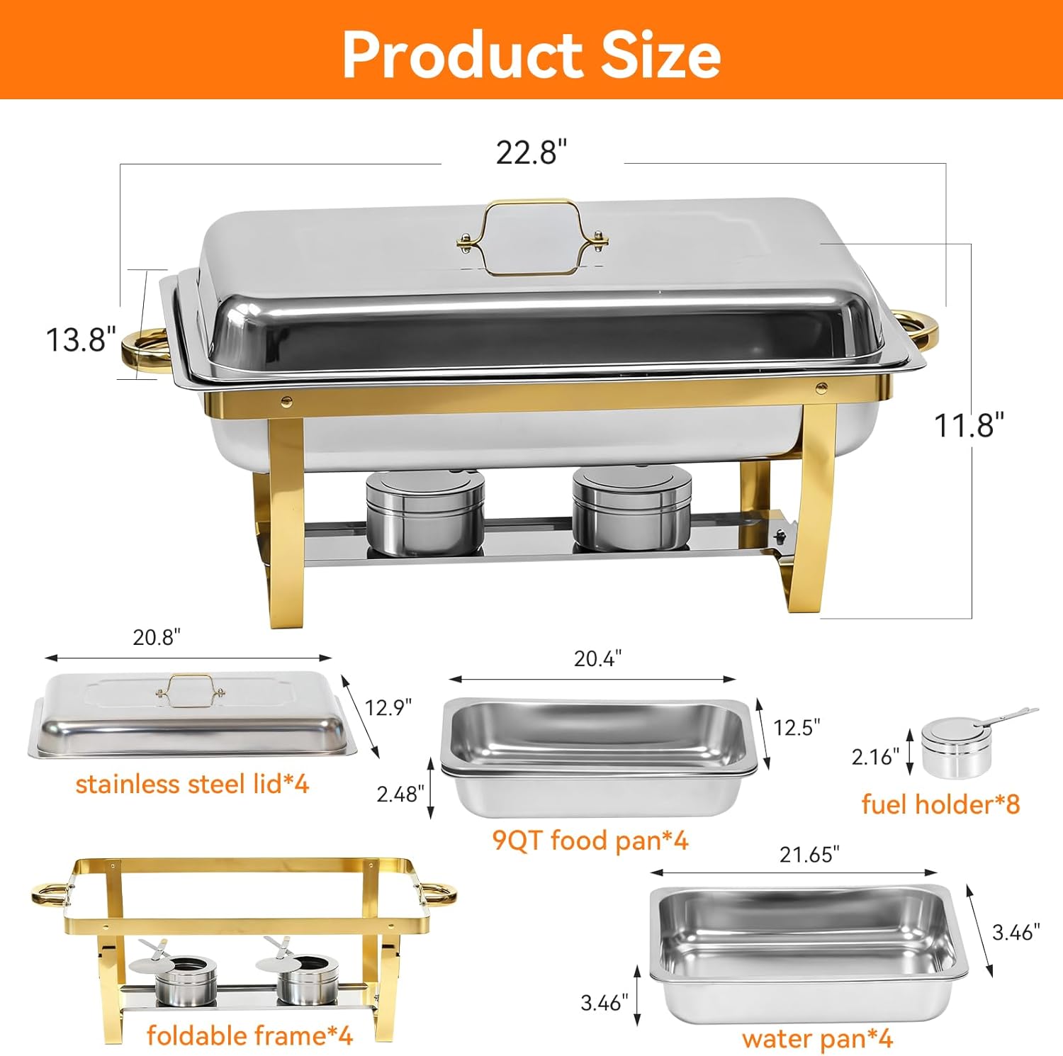 **similar to*** 9qt chafing dishes for buffet, 4 pack gold 304 stainless steel chafing dish sets, food warmers for parties buffet,complete buffet servers and warmers to keep food warm full golden
