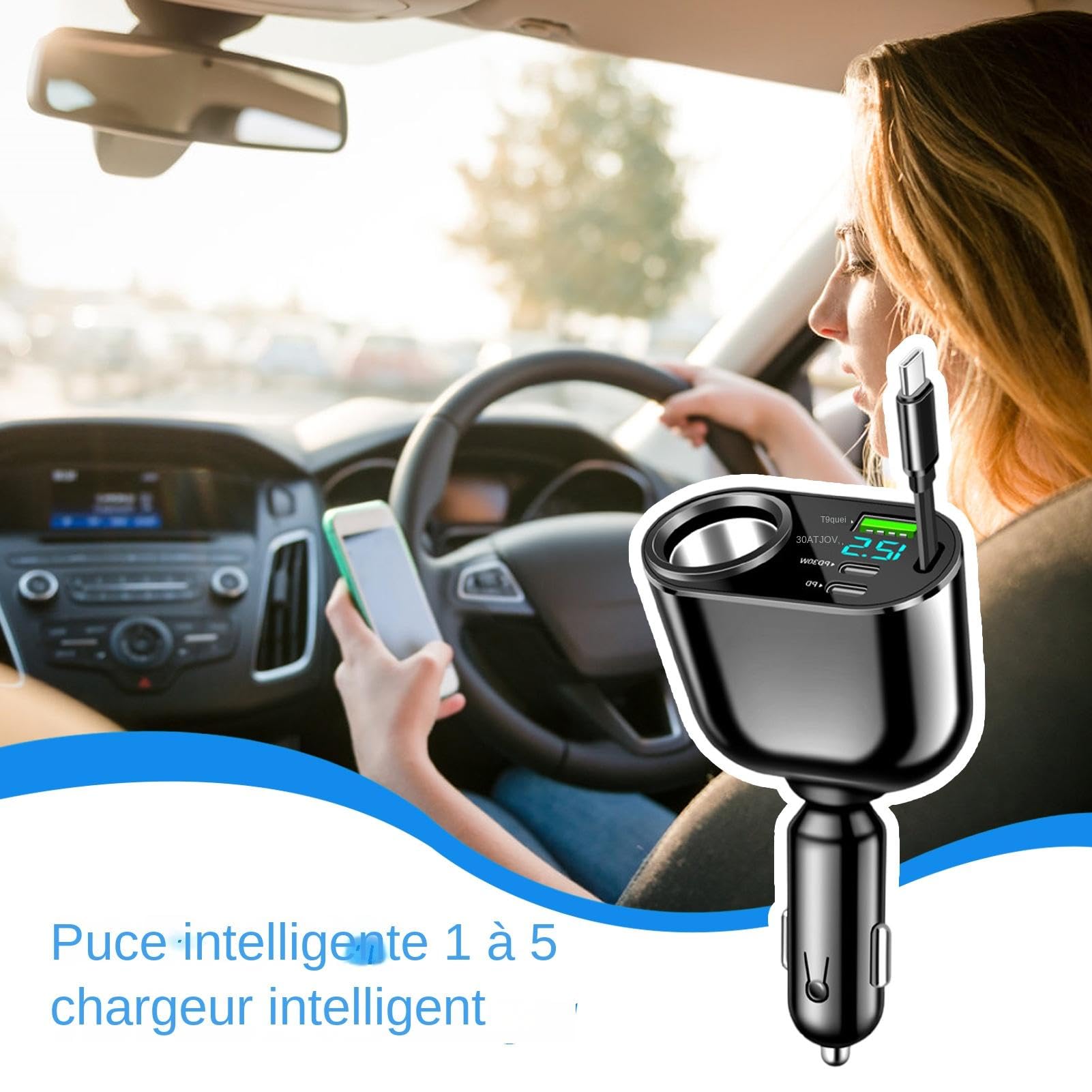 Adattatore per Caricabatteria da Auto, Caricabatteria da Auto USB Rapido | Caricabatterie Automatico per Cellulare con Cavo retrattile | Adattatore per Caricabatterie Automatico Design esterno p
